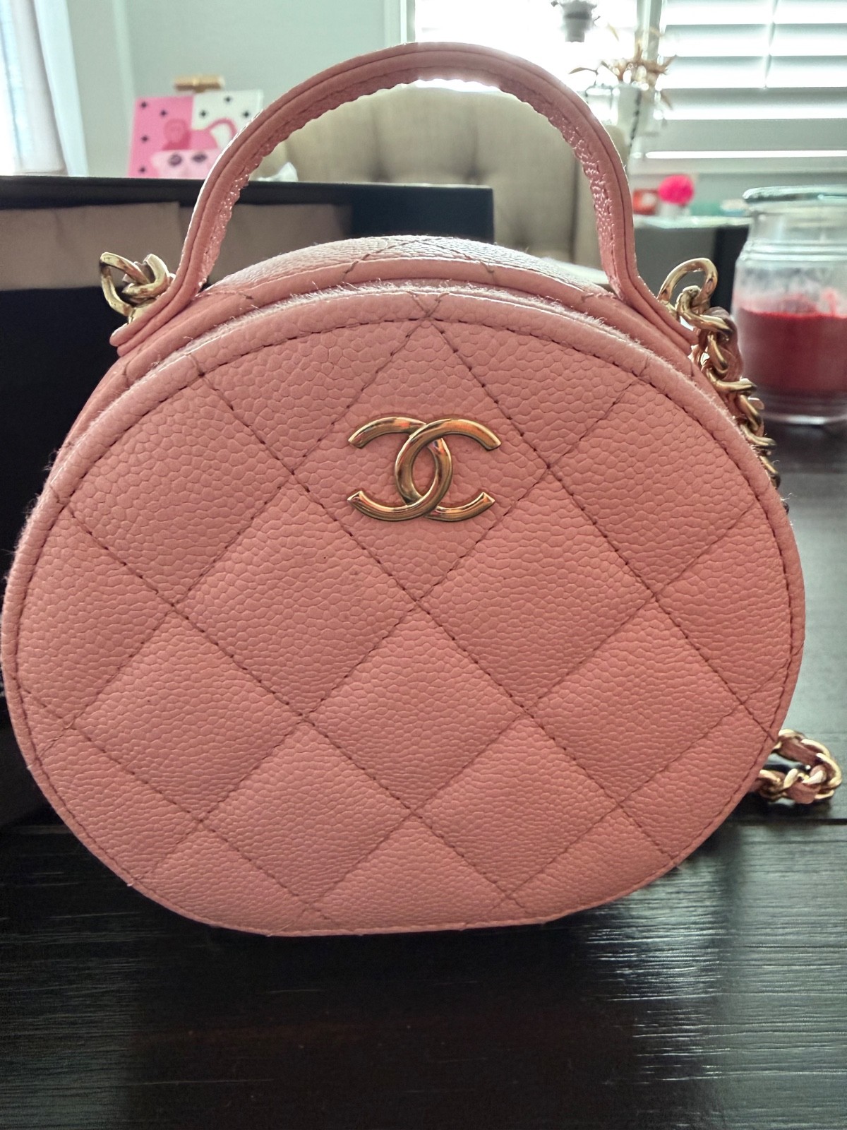 CHANEL Pink Caviar Quilted Round Vanity Case with Chain