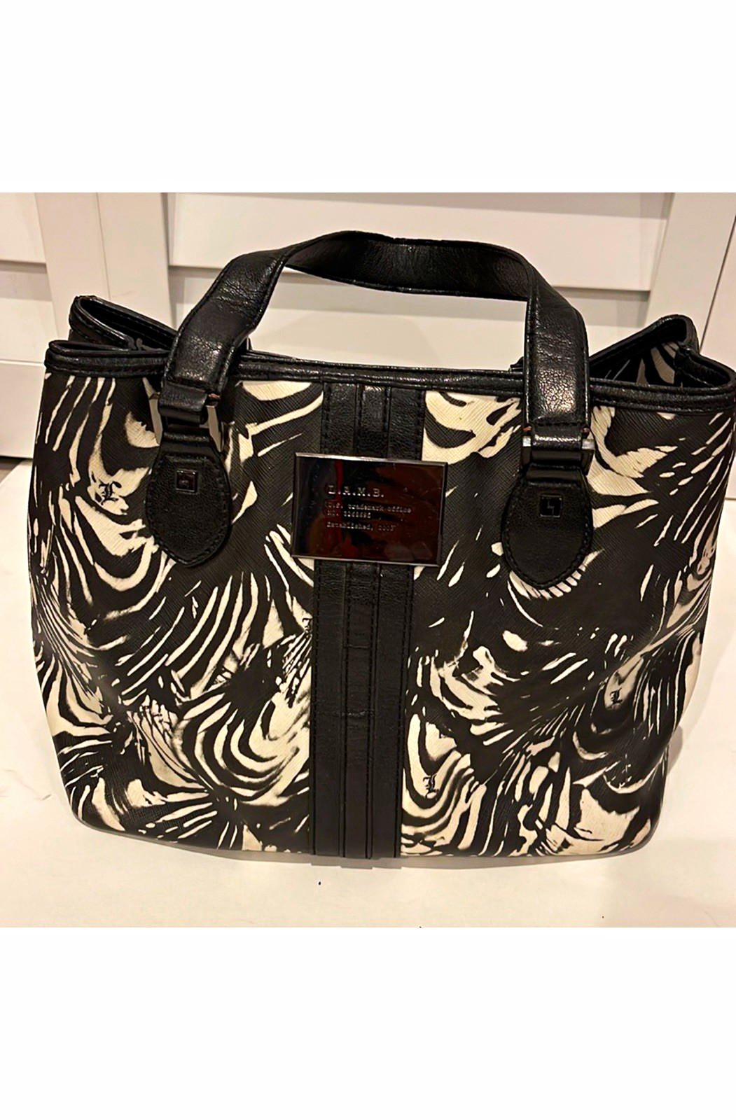 L.A.M.B. Black White Abstract Art Satchel Zip Top Double Handles Lined Pockets