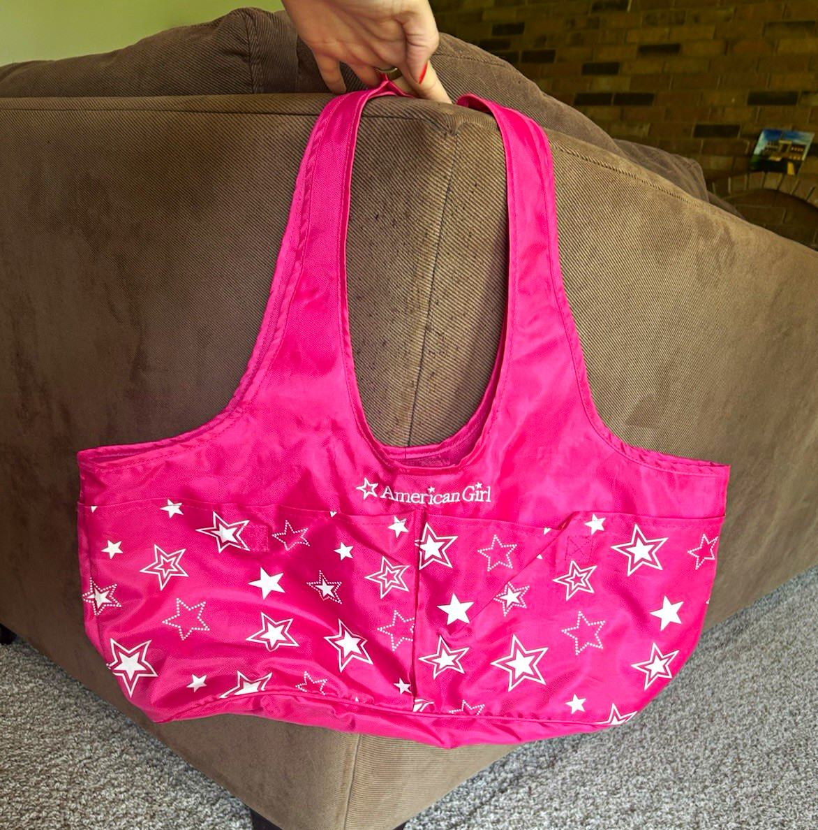 American Girl Pink & White Star Print Tote Bag Shoulder Strap, Logo Accents
