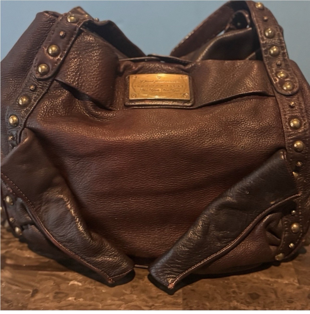 Isabella Fiore Brown Hobo Shoulder Bag Studded Pebbled Magnetic Inner Pockets