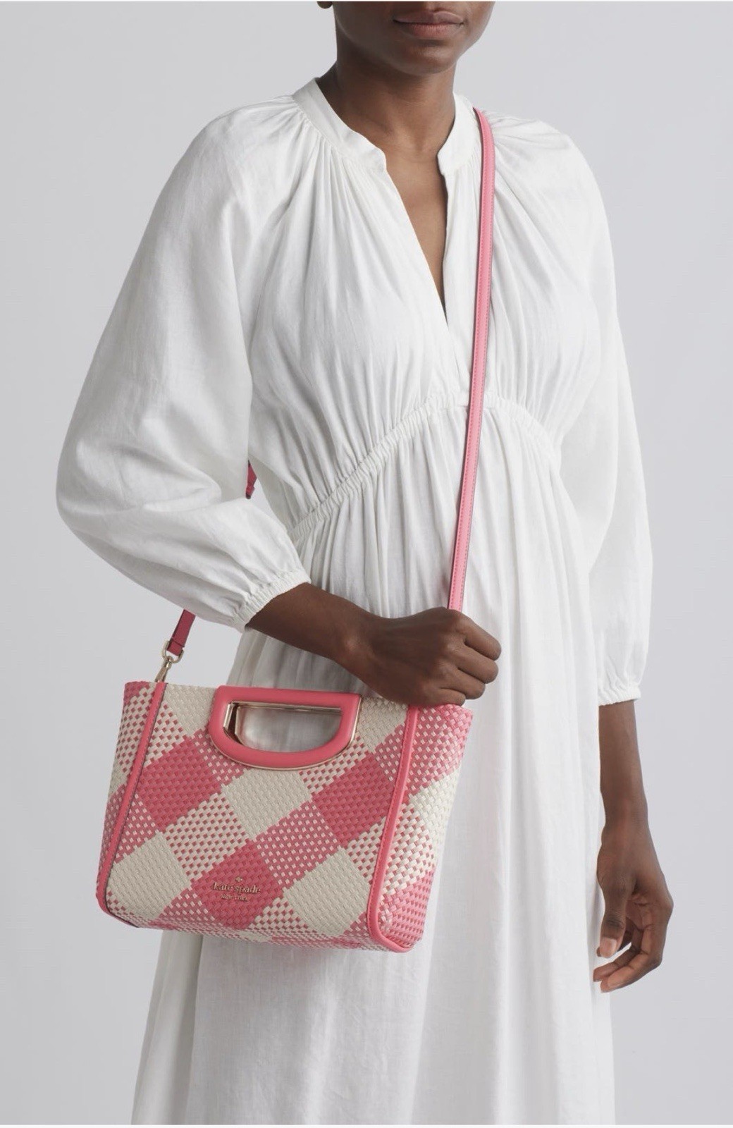 Kate Spade New York Pink and White Gingham Woven Convertible Clutch Bag