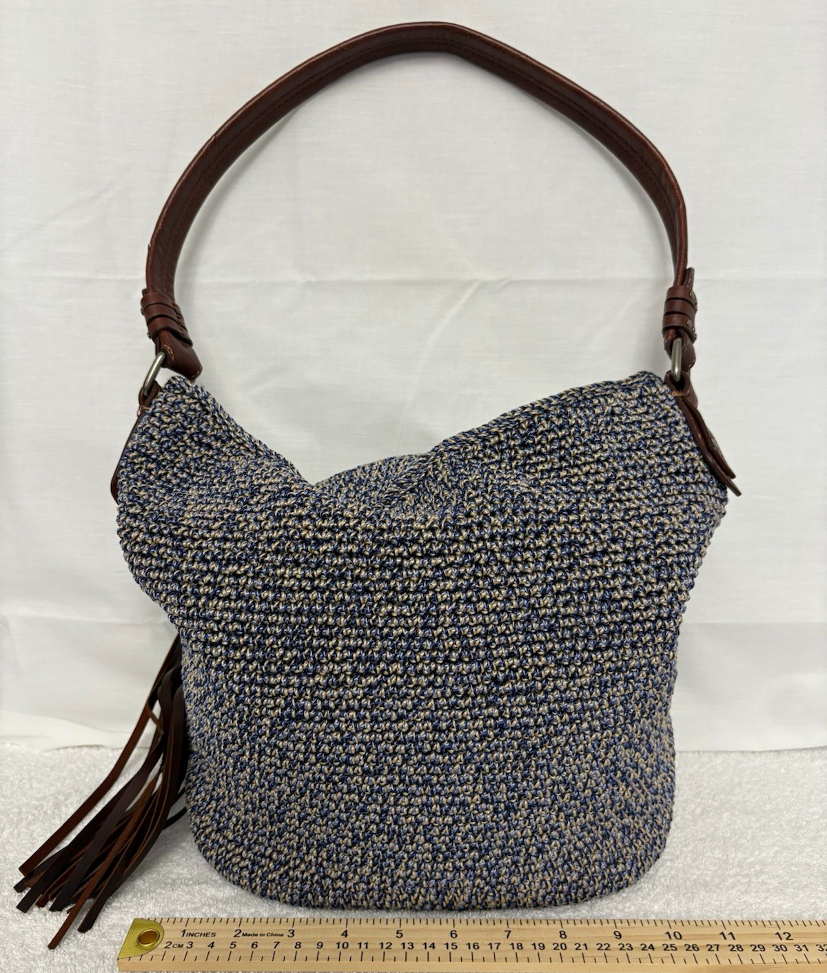 The Sak Women’s Blue Beige Woven Shoulder Bag Crescent Zip Tassel Charm Pockets
