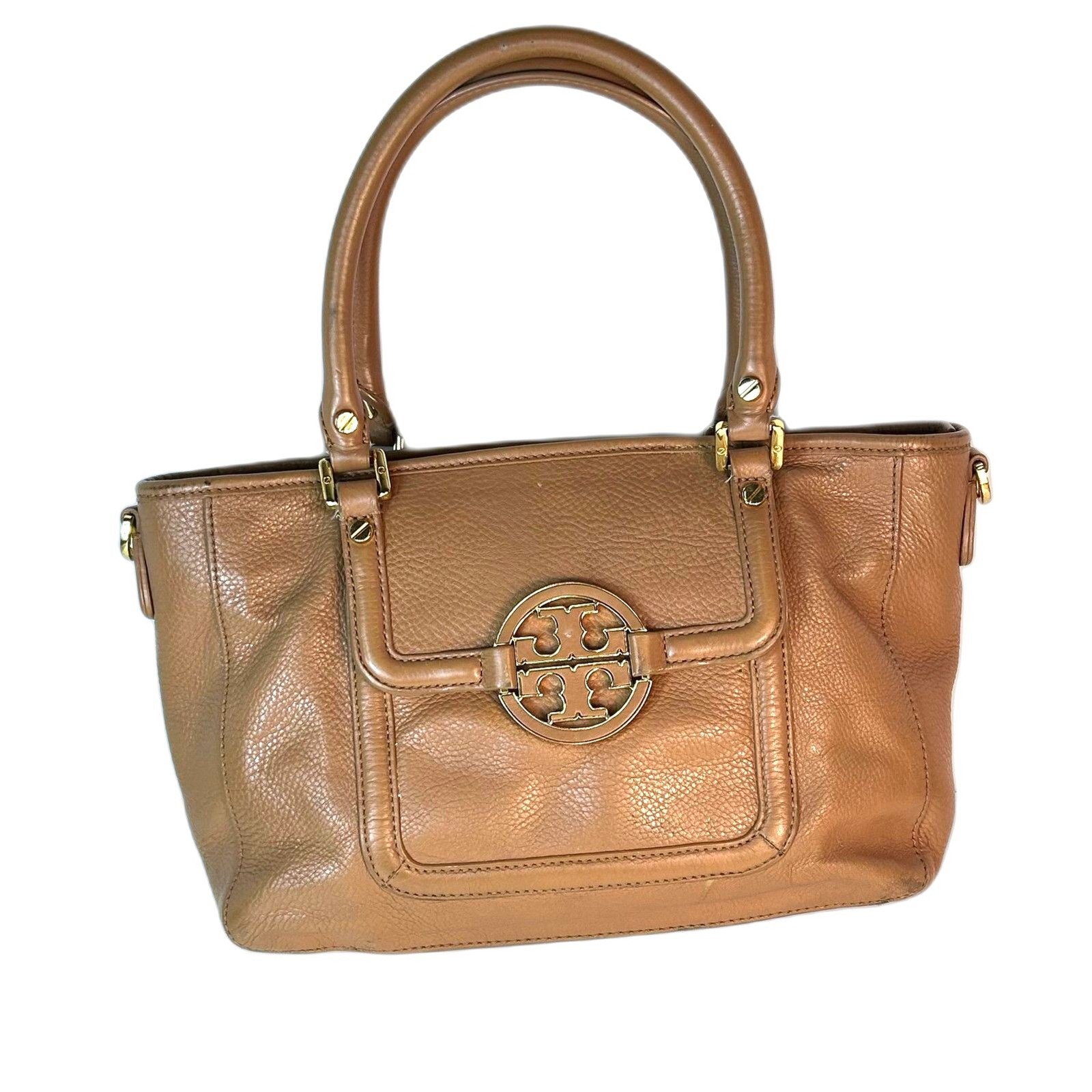 Tory Burch Amanda Cognac Brown Pebble Leather Dual Handle Satchel Handbag