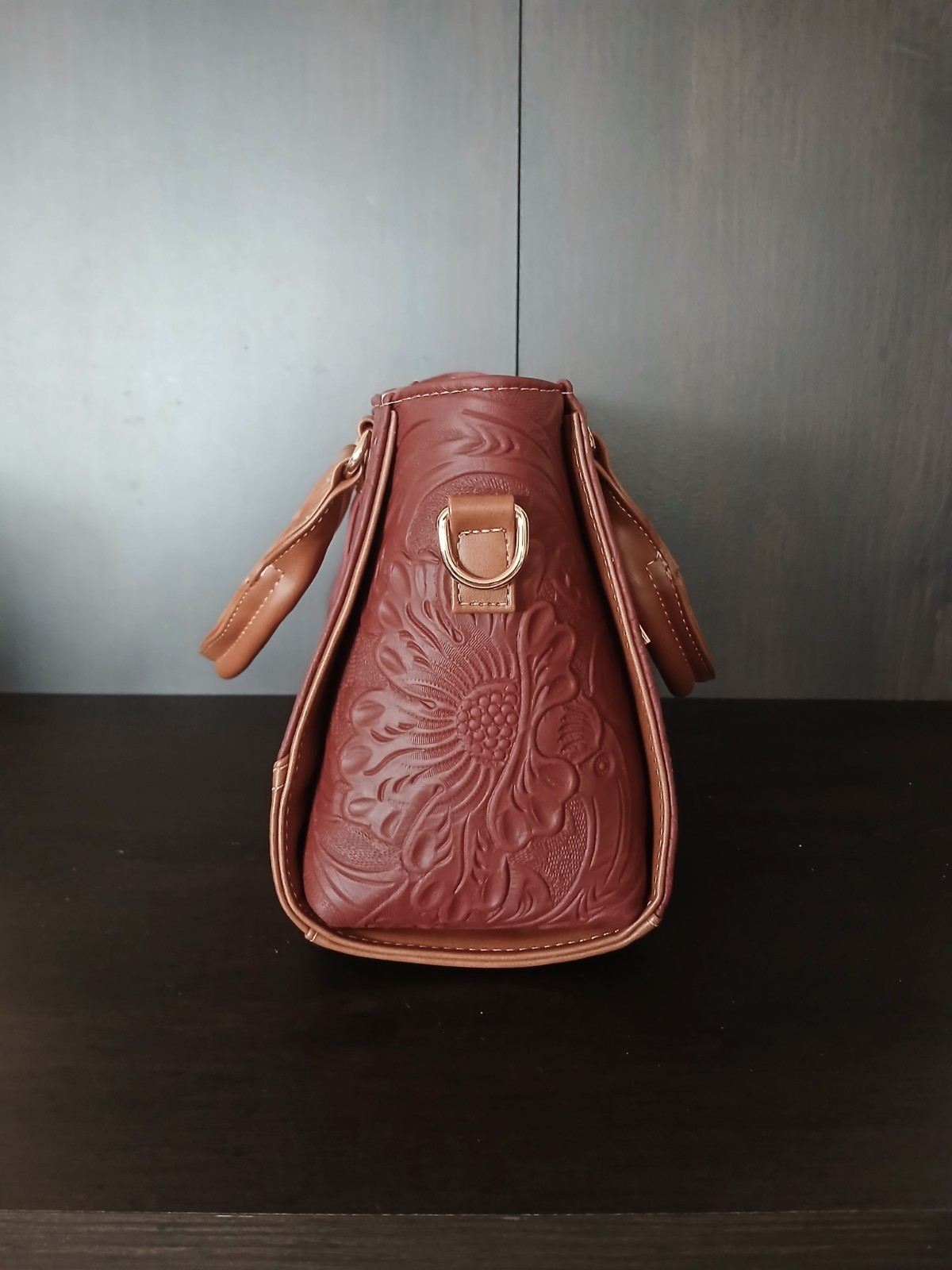 Wine Red Brown Tasseled Floral Embossed Tooled Artisan LEATHER Crossbody Purse