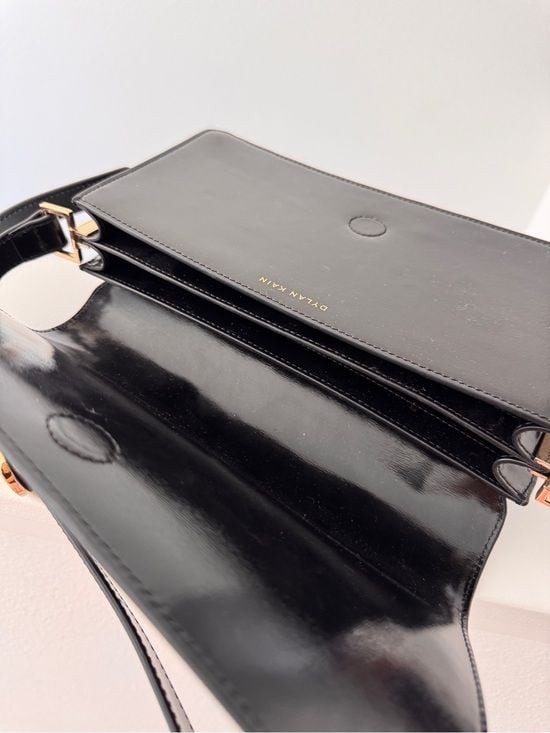 Dylan Kain Black Patent Leather Shoulder Bag Gold Hardware Structured Handbag
