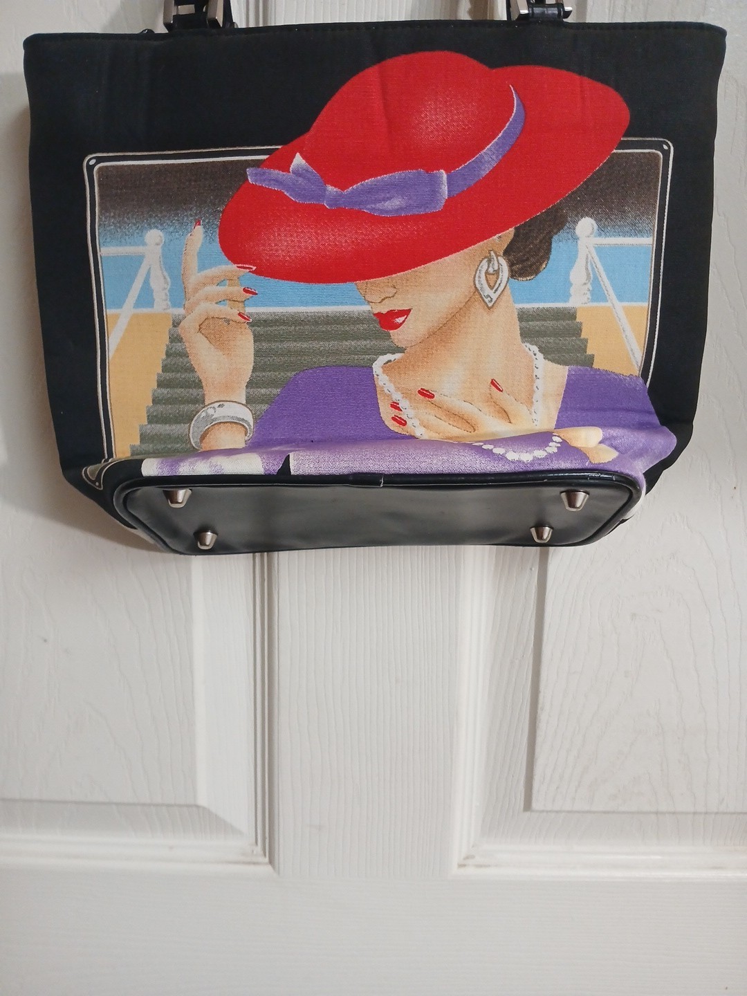 Red Hat Blanco Braciano Tote Purse Lady Head Red Hat W Beads Bling