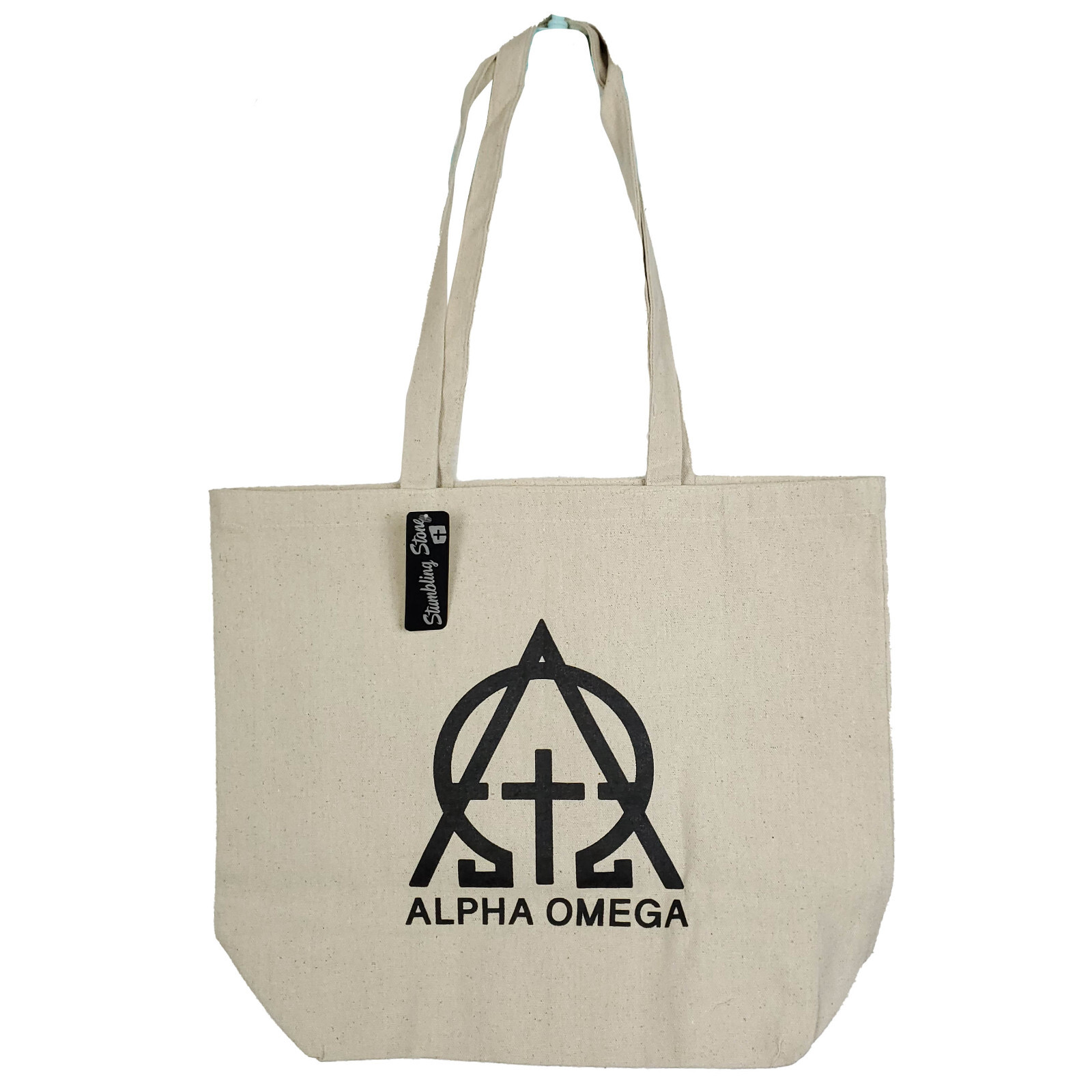 Alpha Omega Canvas Tote Bag Printed Logo Natural Cream Color Stumbling Stone NWT