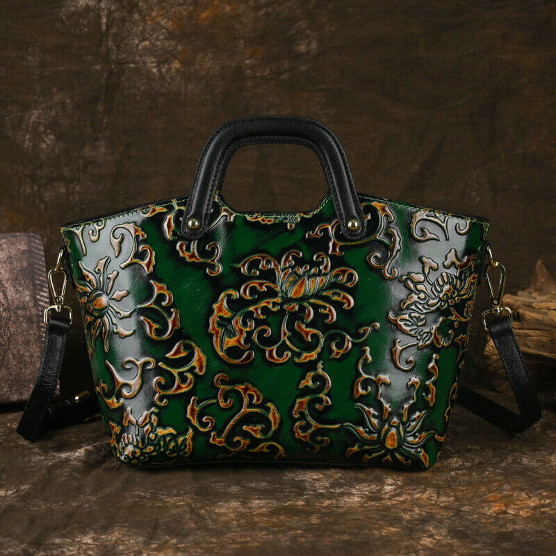 Women Genuine Cow Leather Shoulder Bag Handbag Purse Flower Embossed Tote Travel