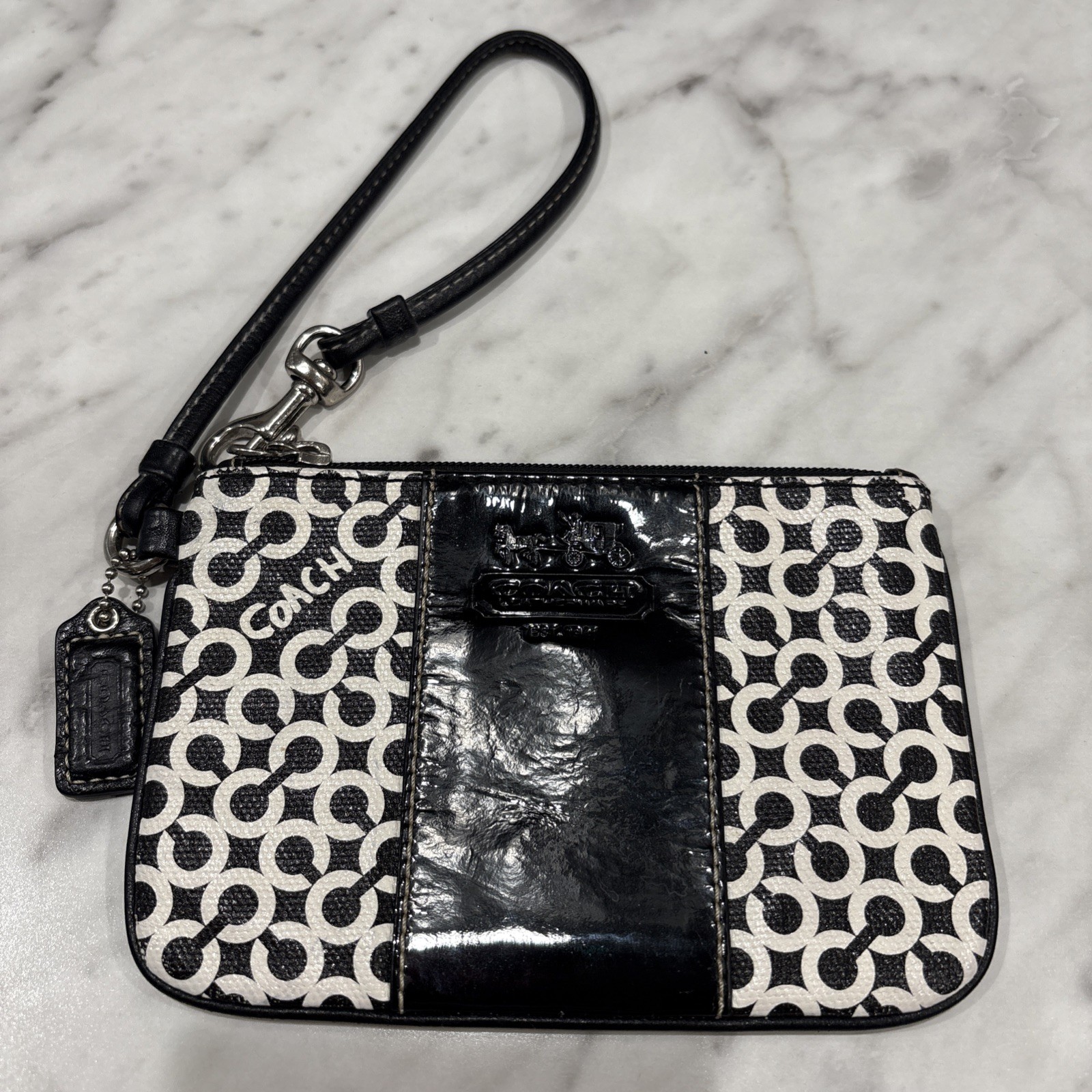 Coach Black White Signature Coated Canvas Leather Trim Small Wristlet Pouch