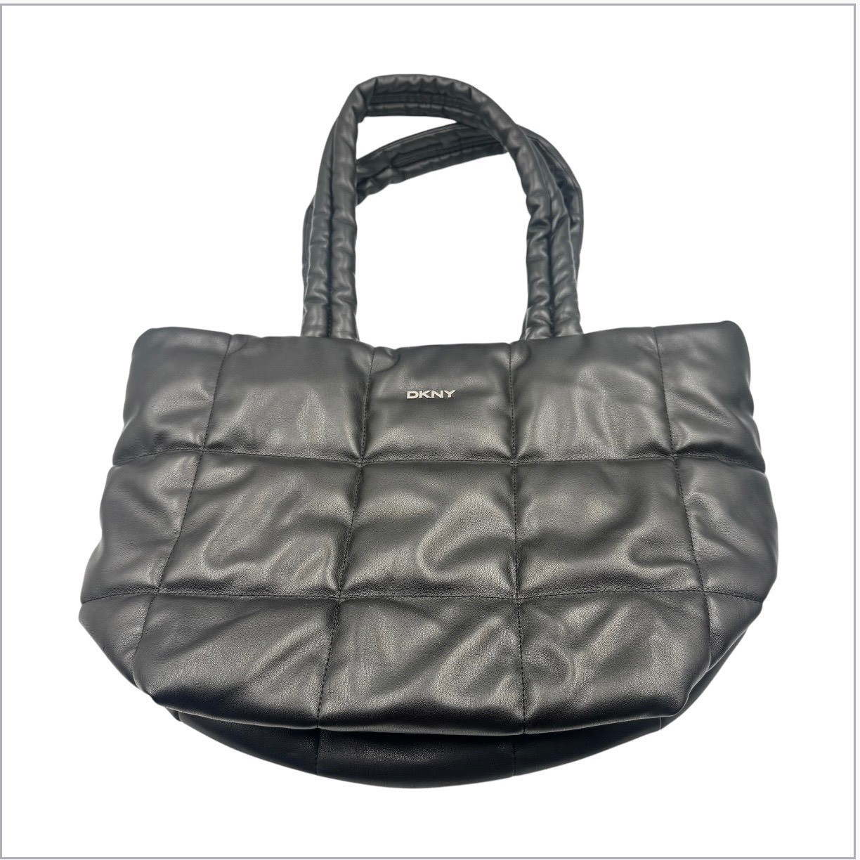 DKNY Black Quilted Puffer Tote Bag Padded Faux Leather Shoulder Bag Silver Logo