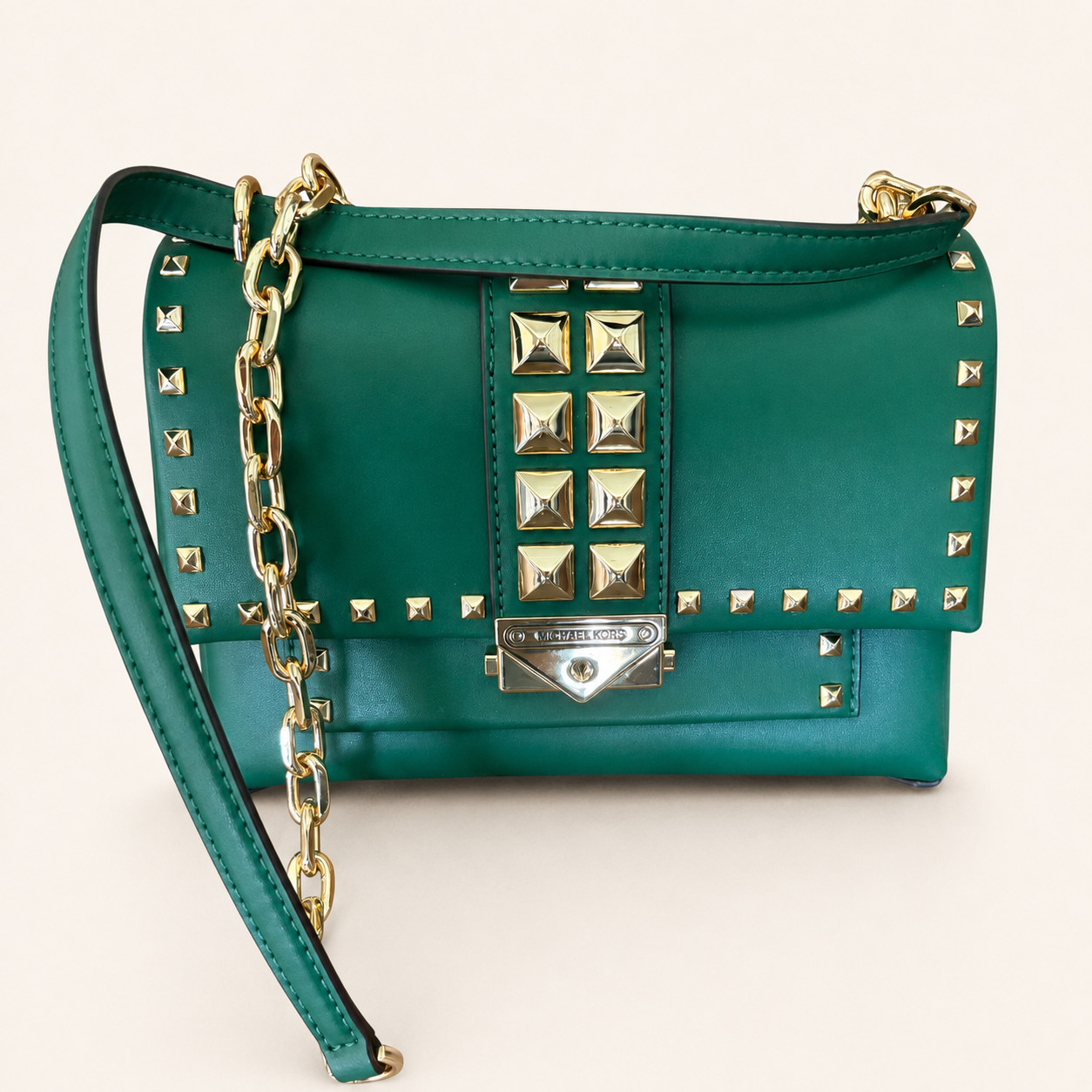 Michael Kors Sloan Studded Leather Shoulder Green Gold Chain Push Lock