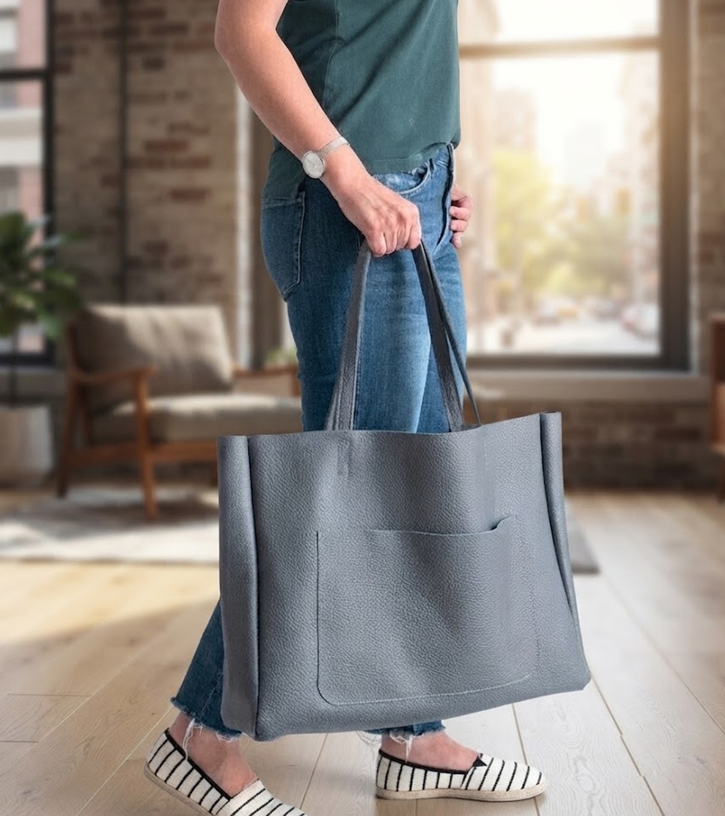 Handmade Full Grain Leather Tote Bag, Grey Shoulder Purse, Work Bag For Women’s