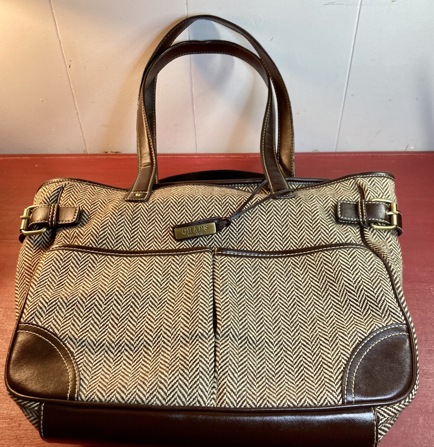 Vintage Chaps Brown Herringbone Tote Shoulder Bag Handbag Purse Double Handle