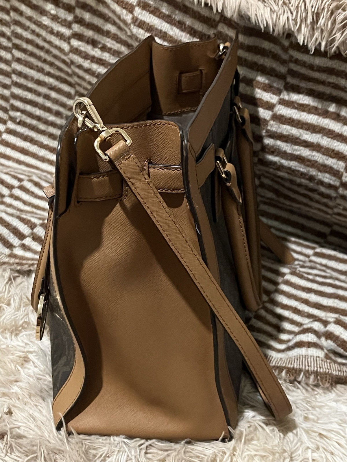 Michael Kors Brown Signature Monogram Satchel Crossbody Bag Gold Hardware
