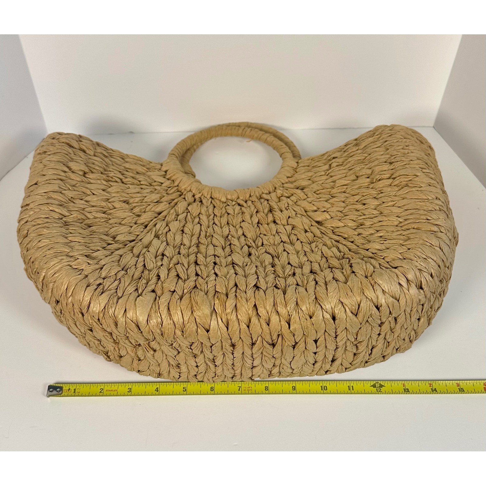 Woven Straw Half Moon Tote Bag Natural Tan Circle Handle Beach Handbag Large