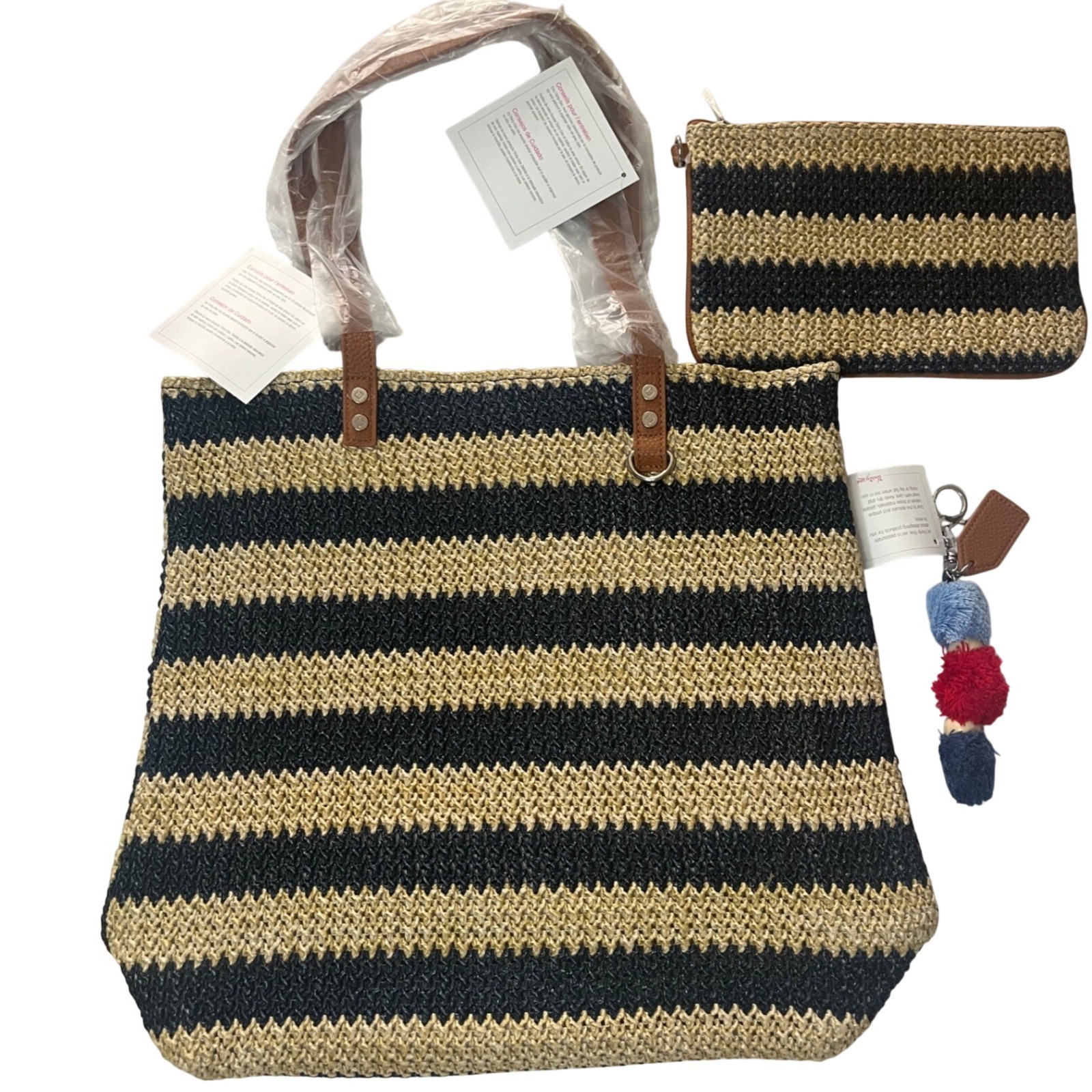 Thirty-One Around Town Tote – Navy Striped Straw 3 pc set pouch and charm NWT