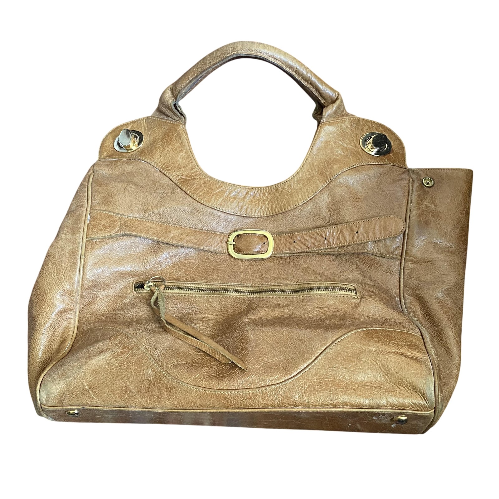 Foley + Corinna Tote Bag Womens Large Brown Leather Turn Lock Shoulder Purse