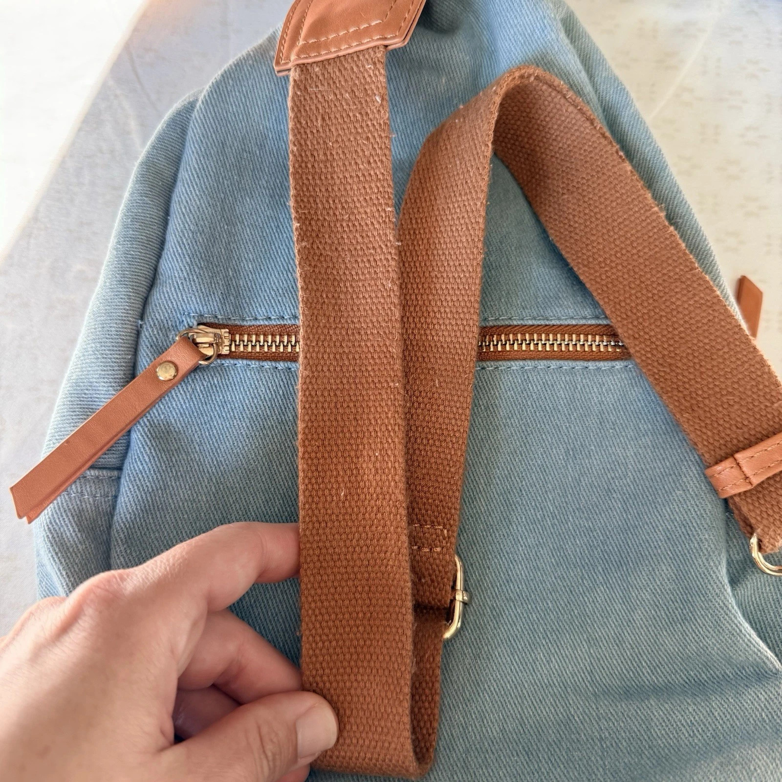 Antik Kraft Samara Sling Backpack Denim Cotton Canvas Tan Brown Vegan Leather