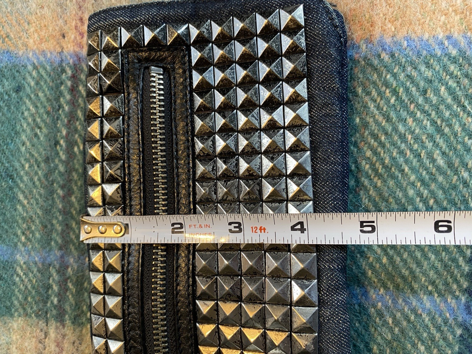 BCBG MAXAZRIA Envelope Clutch Denim & Metal Studded Grommet Bag Edgy Punk Y2K