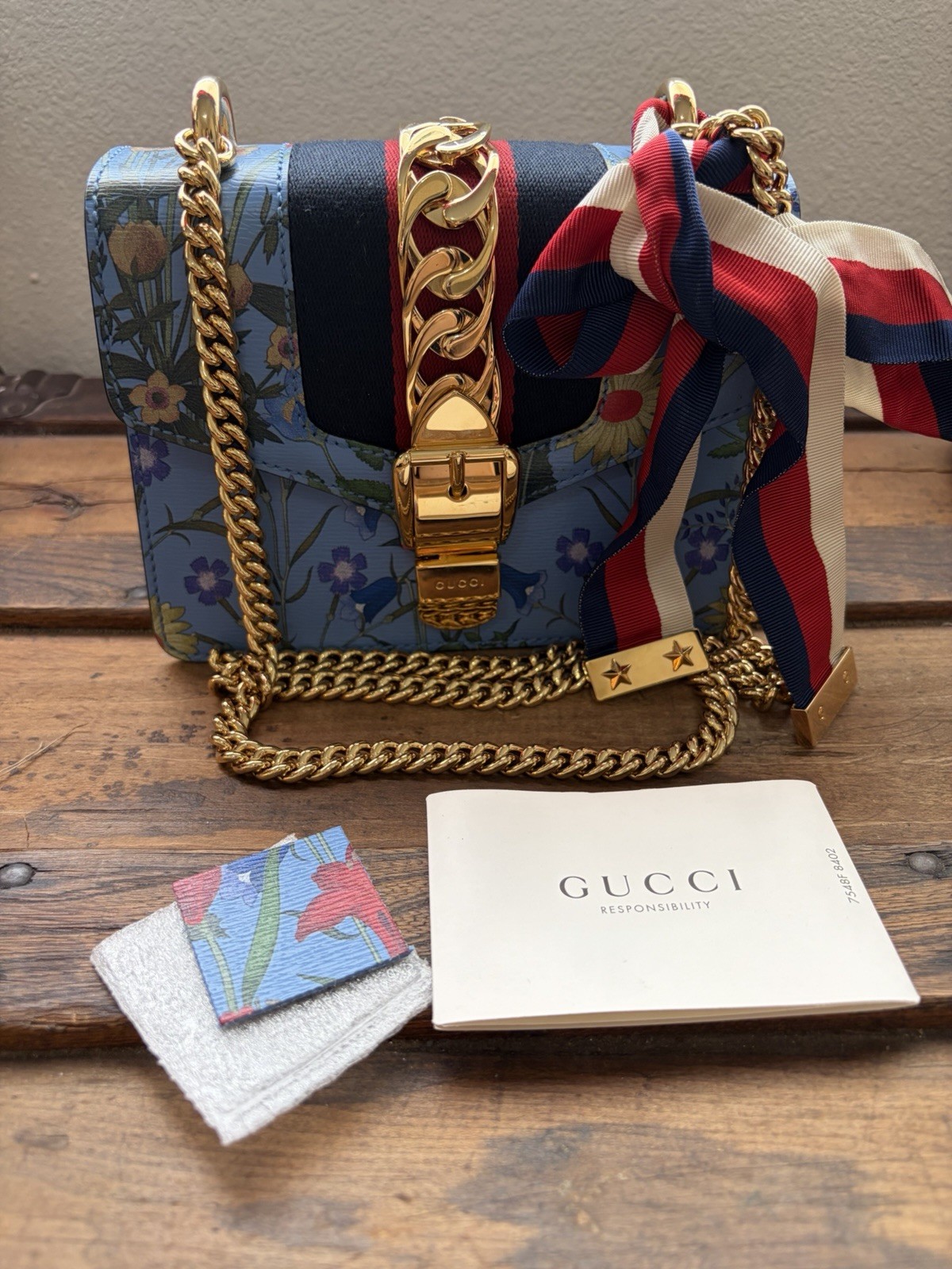 Authentic Gucci Sylvie Mini Azure Blue Flora Chain Bag Bow Ribbon Mint Full Set
