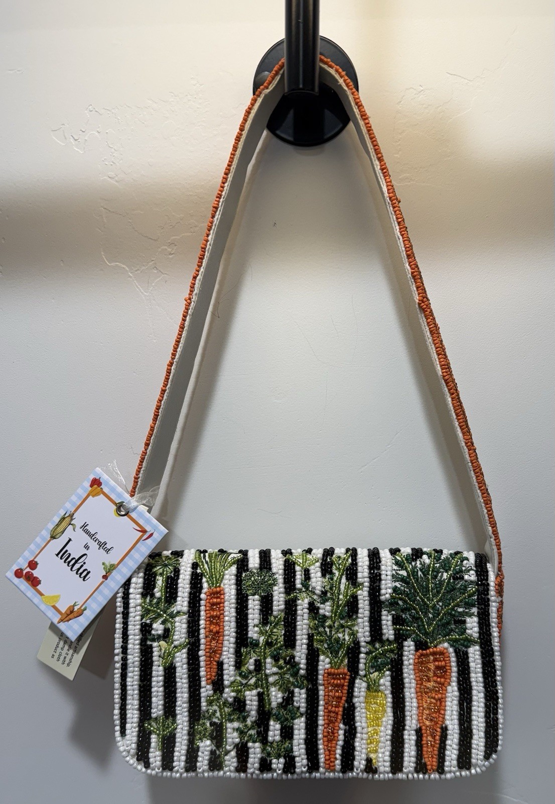 Handmade Beaded Striped Carrot Motif Small Shoulder Bag Purse, Lined Snap