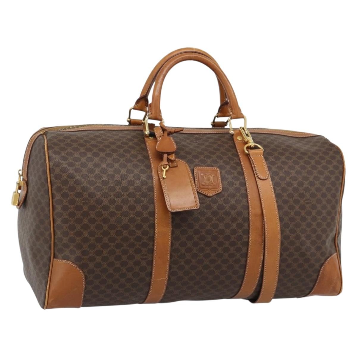 CELINE Macadam Canvas Boston Bag PVC Leather Brown Gold Auth bs33306