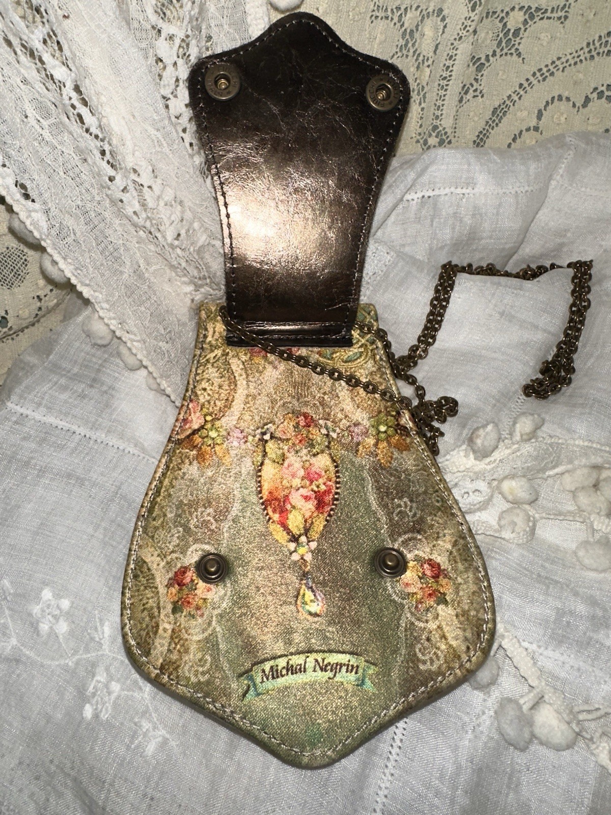 Michal Negrin printed leather w/Swarovski crystals cross body purse on chain