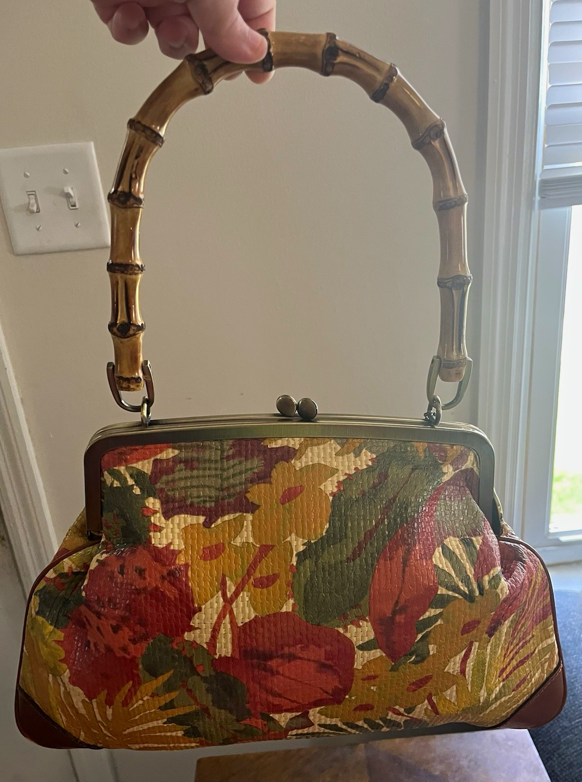 Patricia Nash Satchel Tropical Dreams Ozieri Wooden Handle Handbag Kiss Lock