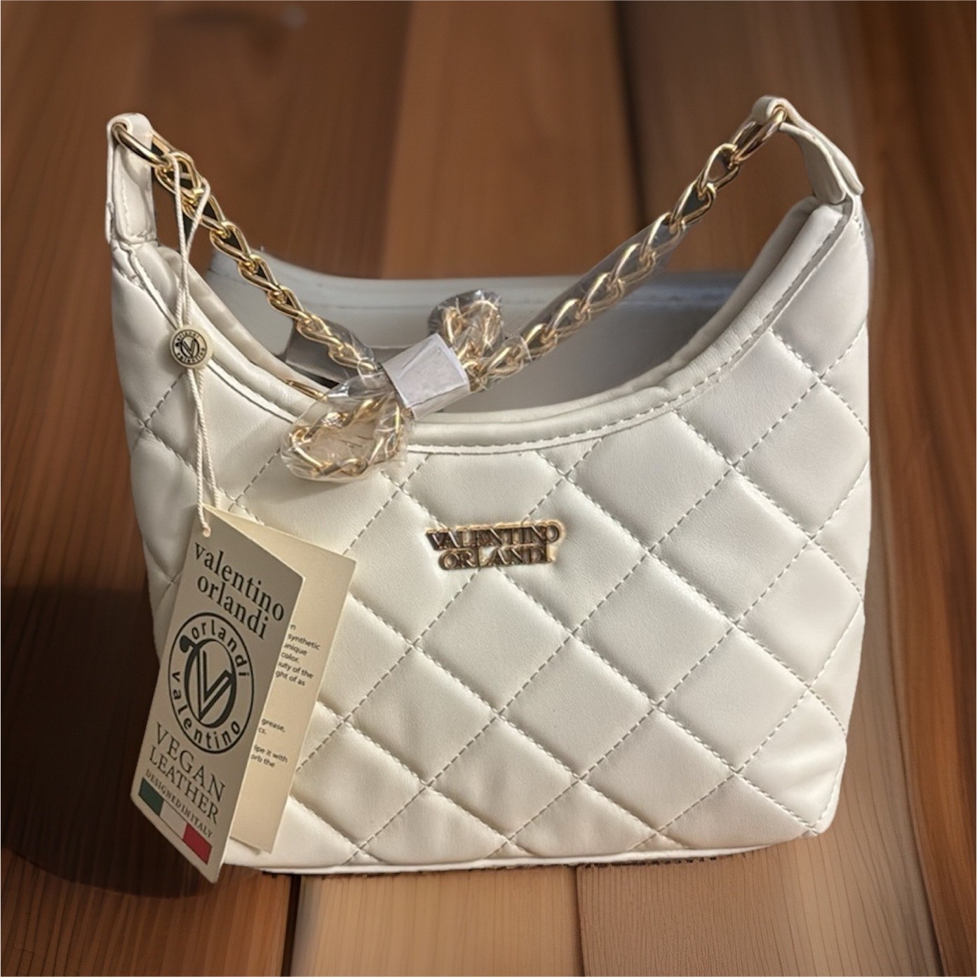 Valentino Orlandi White Quilted Crescent Shoulder Bag Gold Chain Zip, Small/med