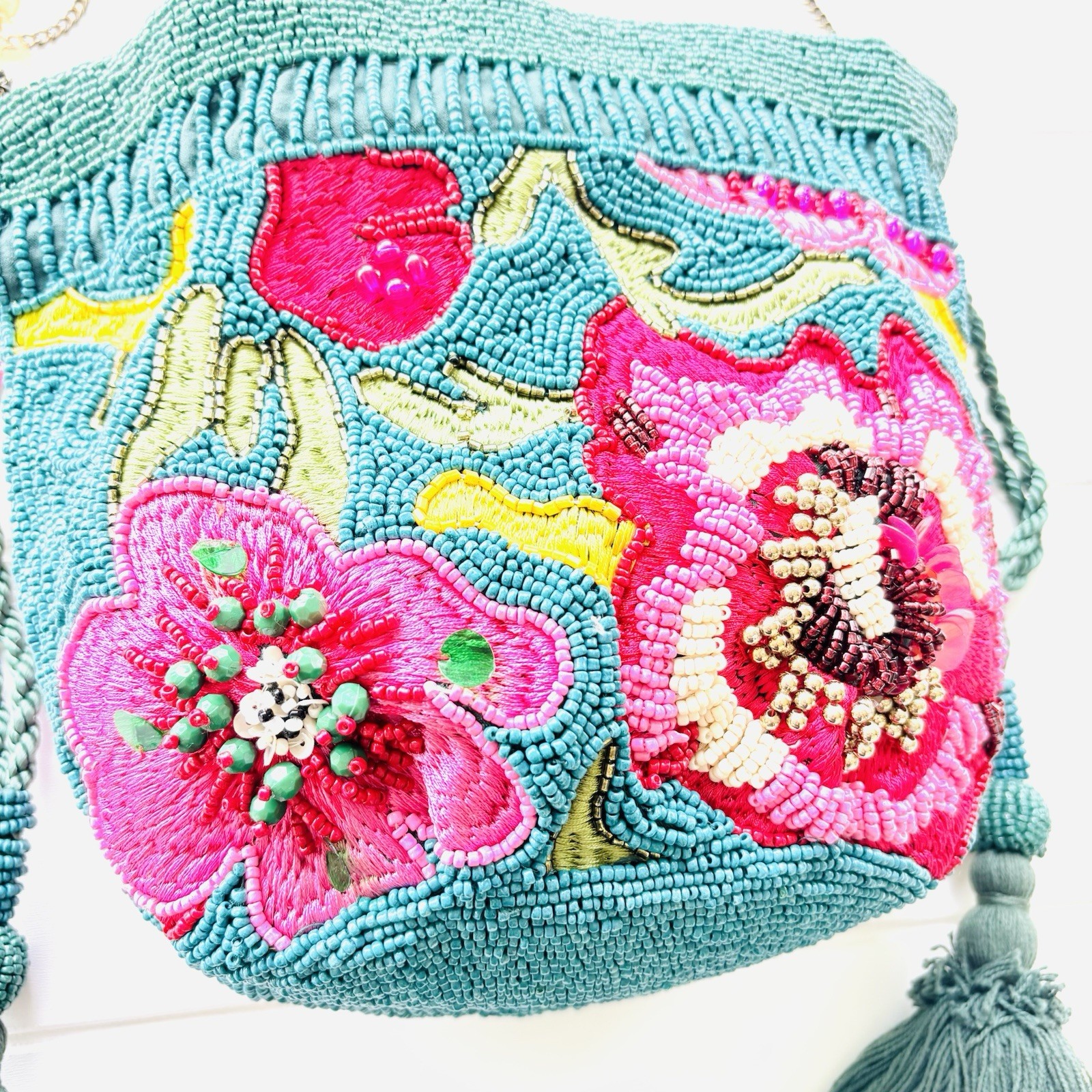 TikTok Viral India Beaded Bucket Bag Floral Embroidered Tassels Teal Crossbody