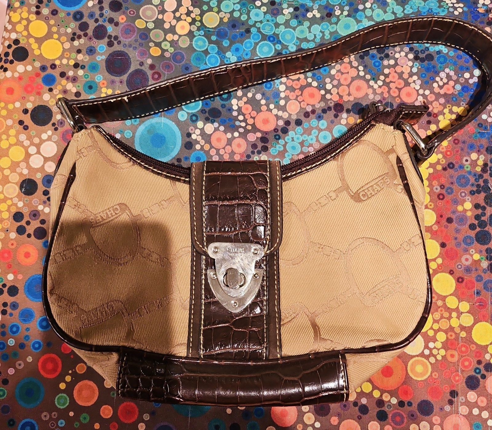 Chaps By Ralph Lauren Handbag Khaki and Brown Brass Tone Hardware Stitching