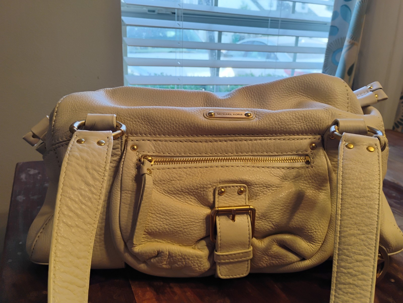 Michael Kors Fulton White Pebbled Leather Studded Satchel Shoulder Bag MK Charm