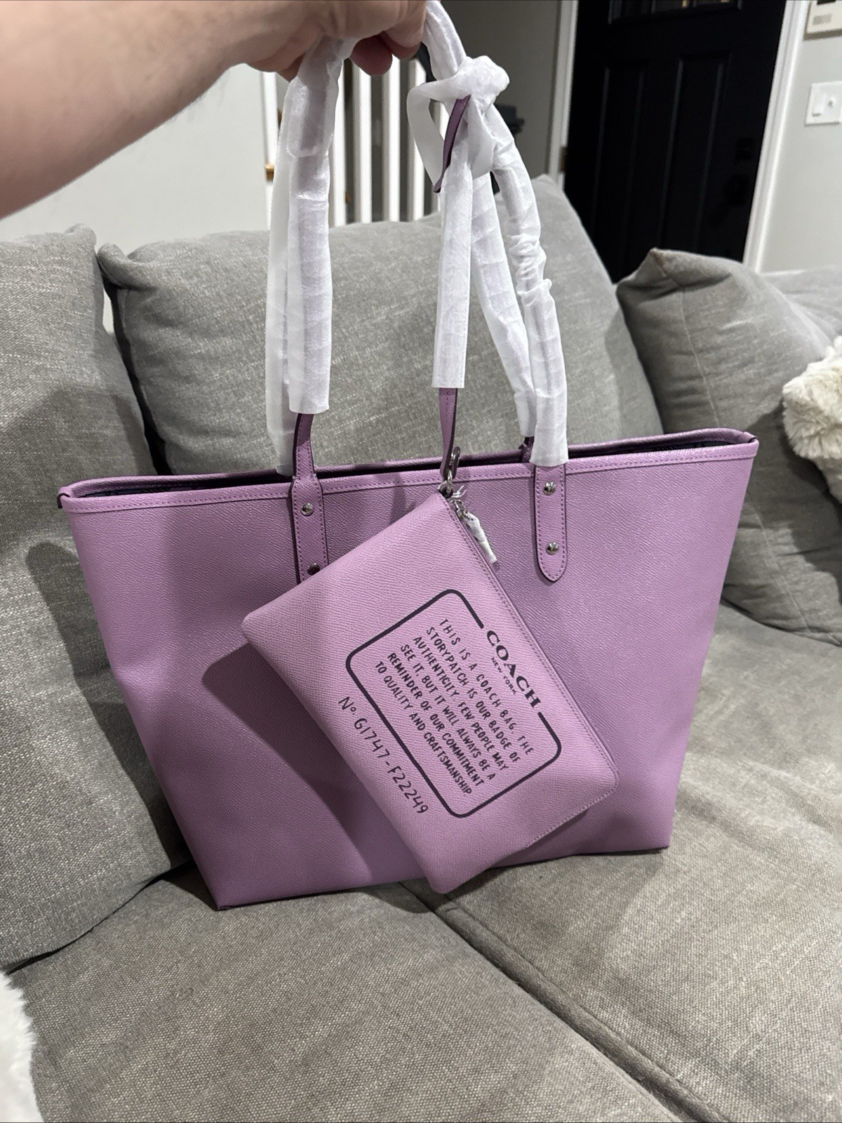 Coach Reversible City Tote and Pouch Bag Pink Lilac Plaid F22249 New W/Tags
