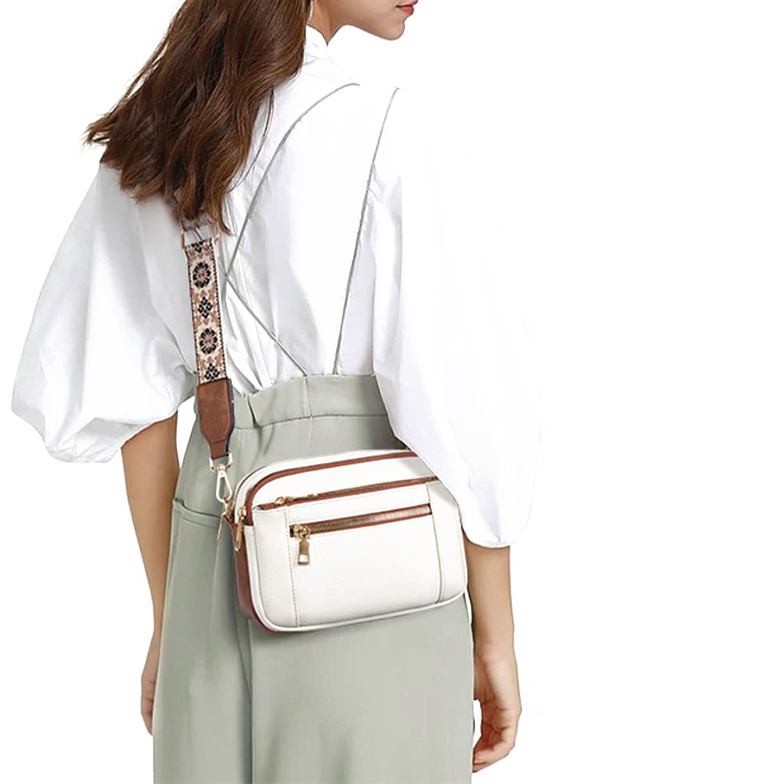 Triple-zipper Shoulder Bag With Floral Embroidered Straps Fashion Colorblock Mul