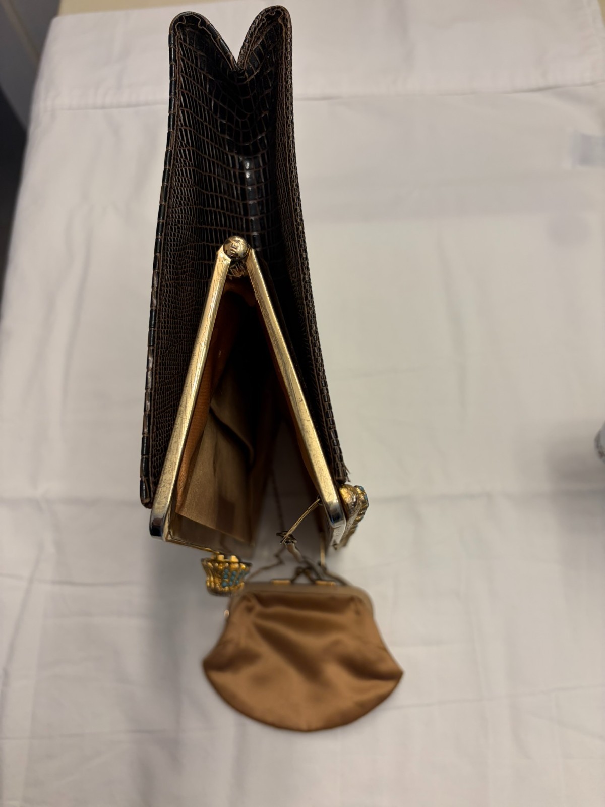 Vintage 1950s 1960s Dark Brown Lizard Skin Evening Bag Jeweled Frame Purse