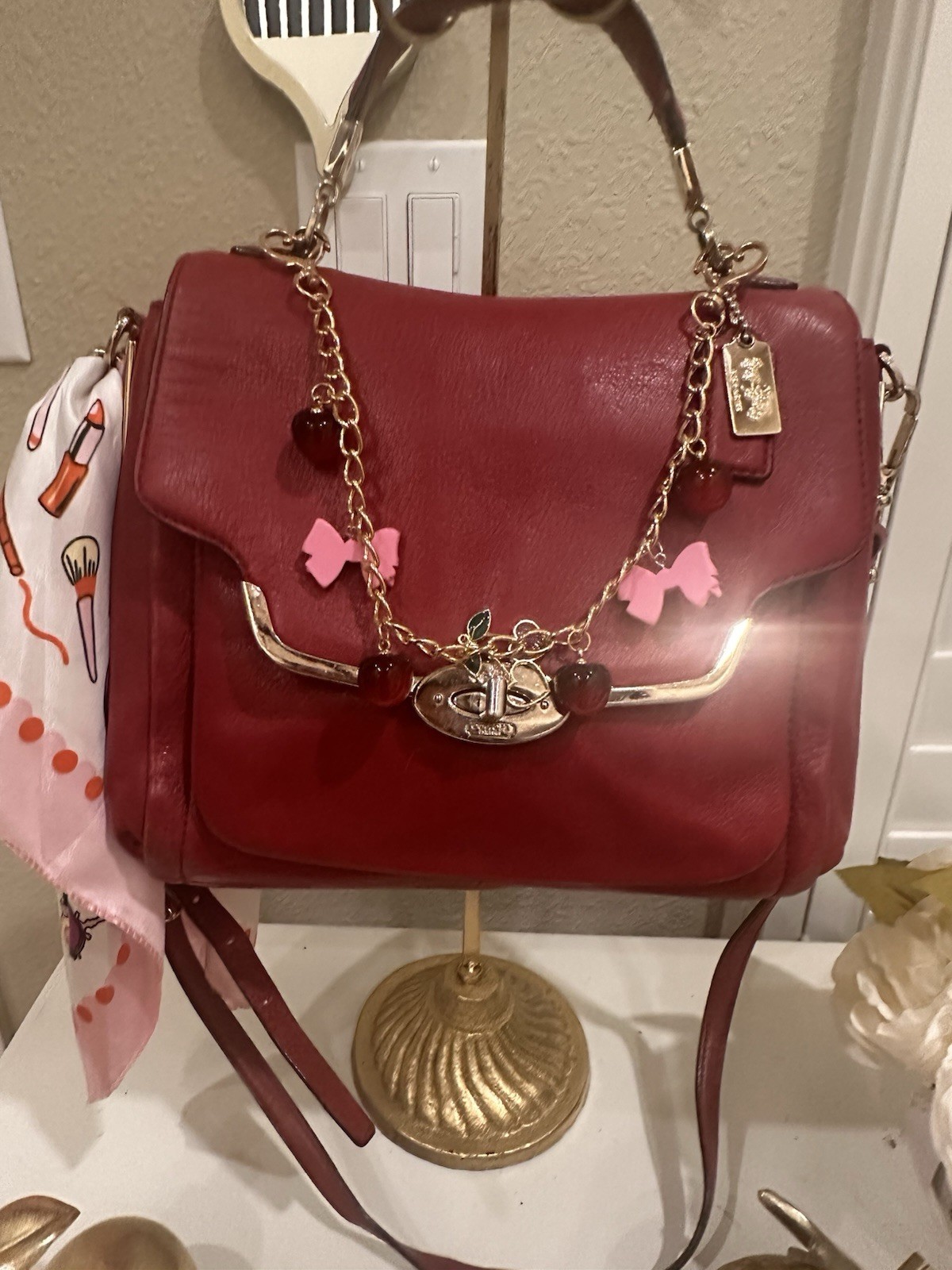 Coach Red Pebbled Satchel Top Handle Crossbody Strap Turn Lock Zip Gold