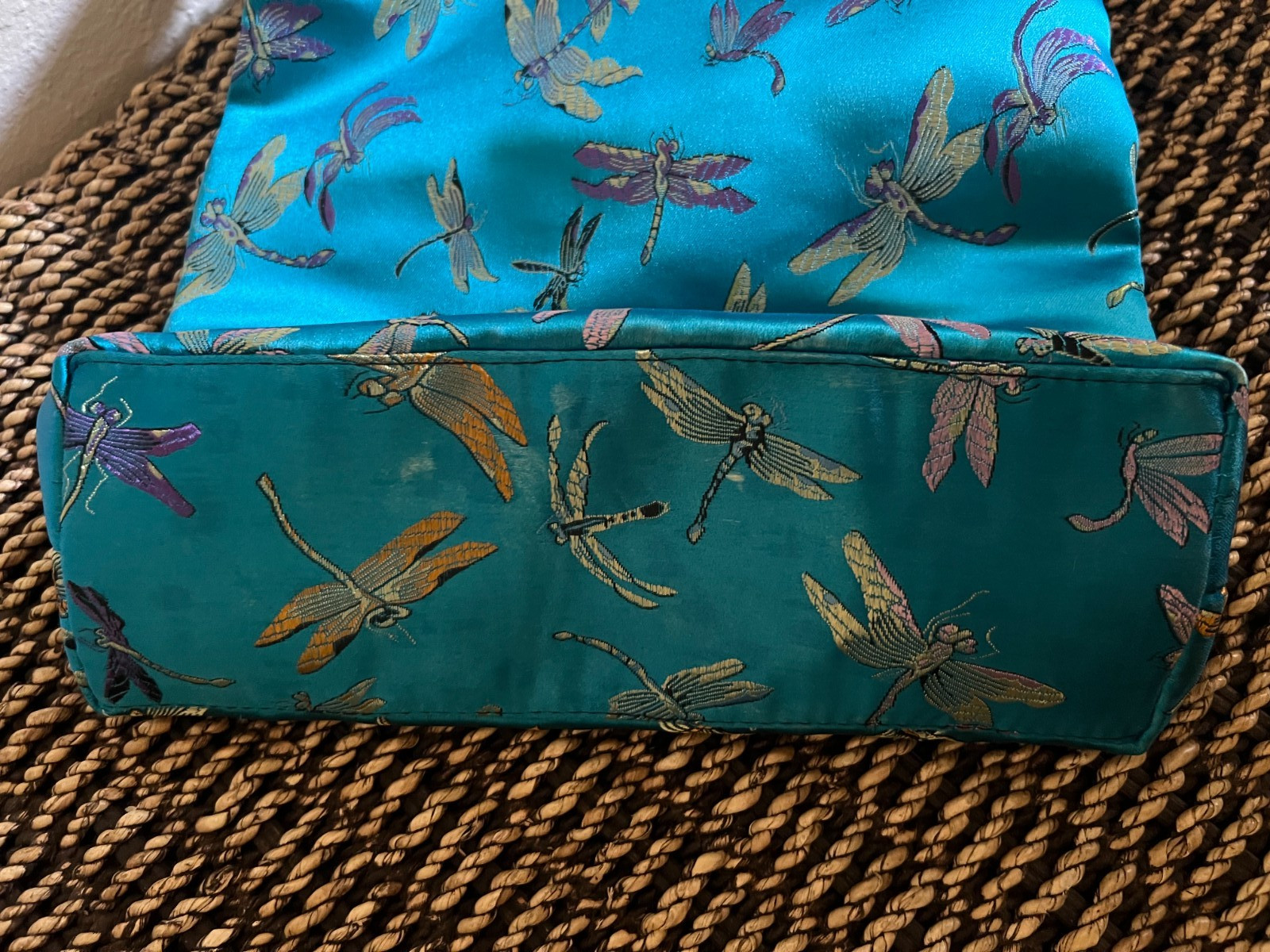 Vintage Asian Silk Brocade Fabric Bag Blue with gold fabric Dragonflies – handle