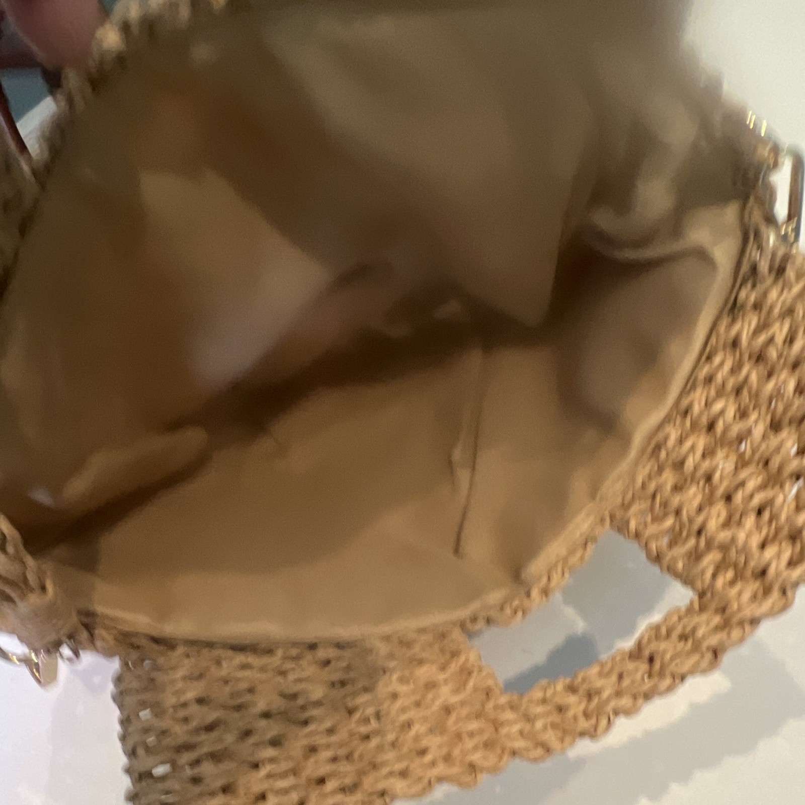 Tan Woven Semi-Circle Shoulder Bag Gold Hardware Beige Lined Detachable Strap