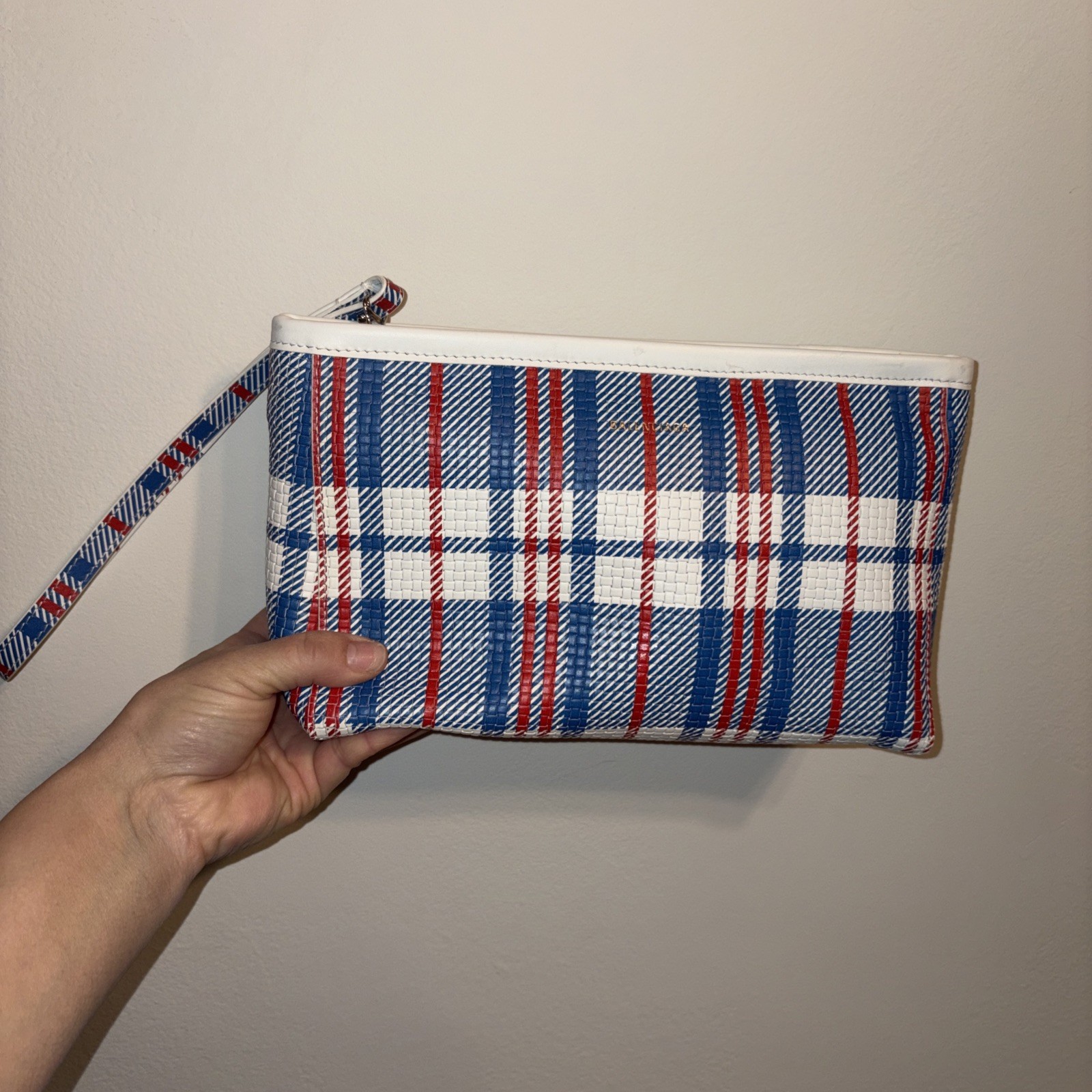 Balenciaga Plaid Clutch Bag Logo Leather Blue/Red/White 25×15.5×9 cm
