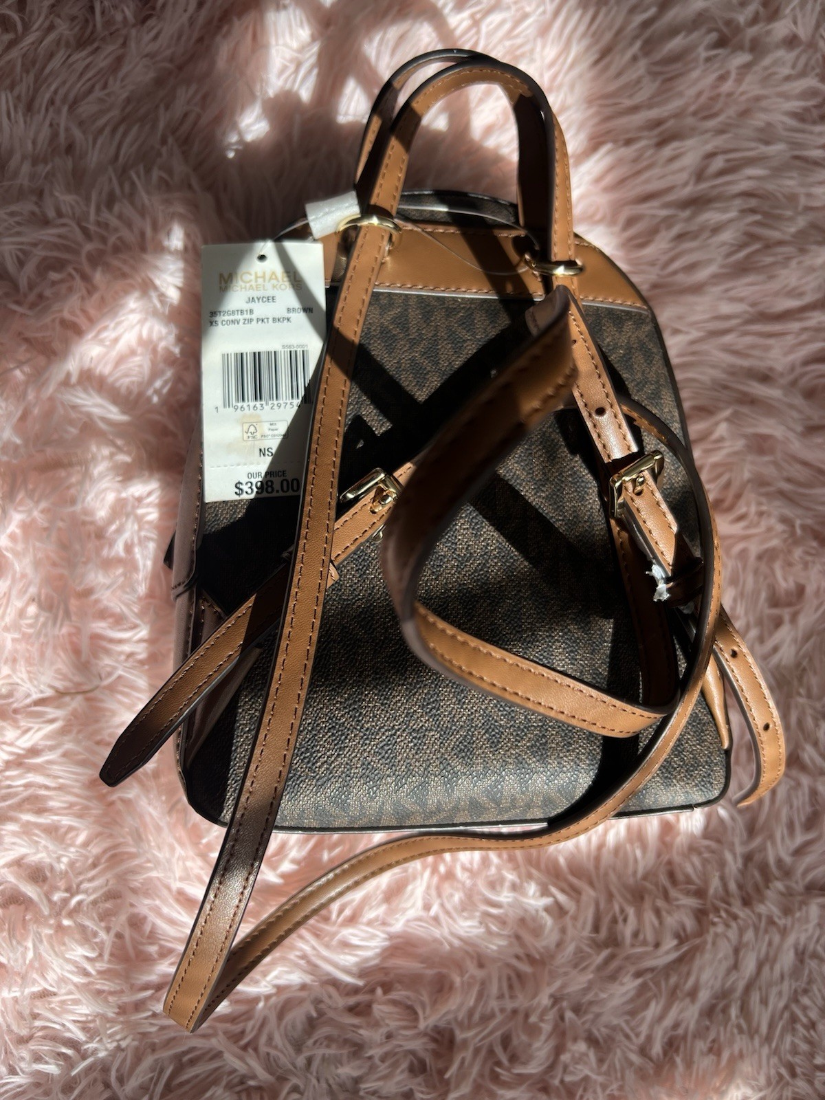 Michael Kors Jaycee Mini Backpack Brown Logo Print Zip Pockets Gold Hardware