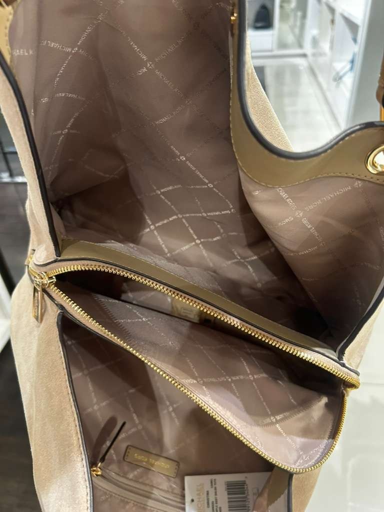 Michael Kors Christina Lady MK Large Suede Handbag Purse Shoulder Tote Camel Bag