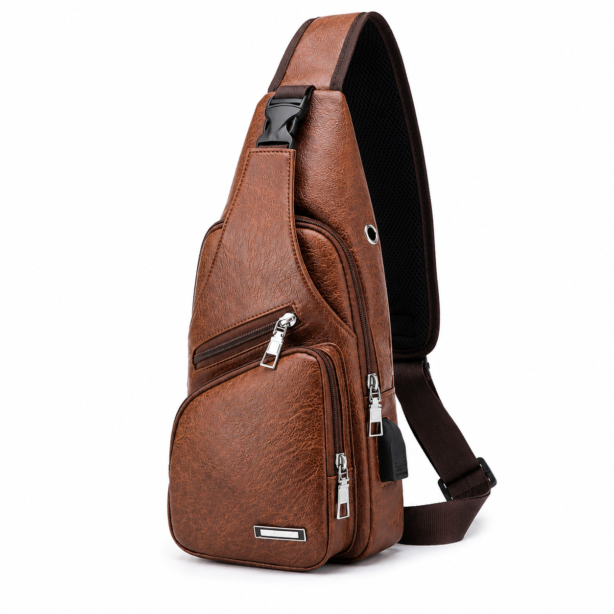 Brown Chest Crossbody Bag Sling Backpack for Men with USB Charge Port