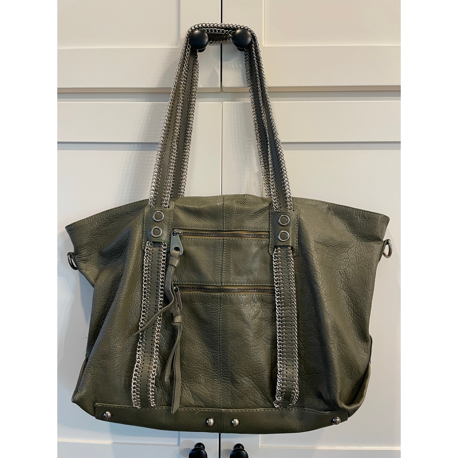 Joelle Hawkins by Treesje Olive Green Leather Bag Satchel chain metal detail.