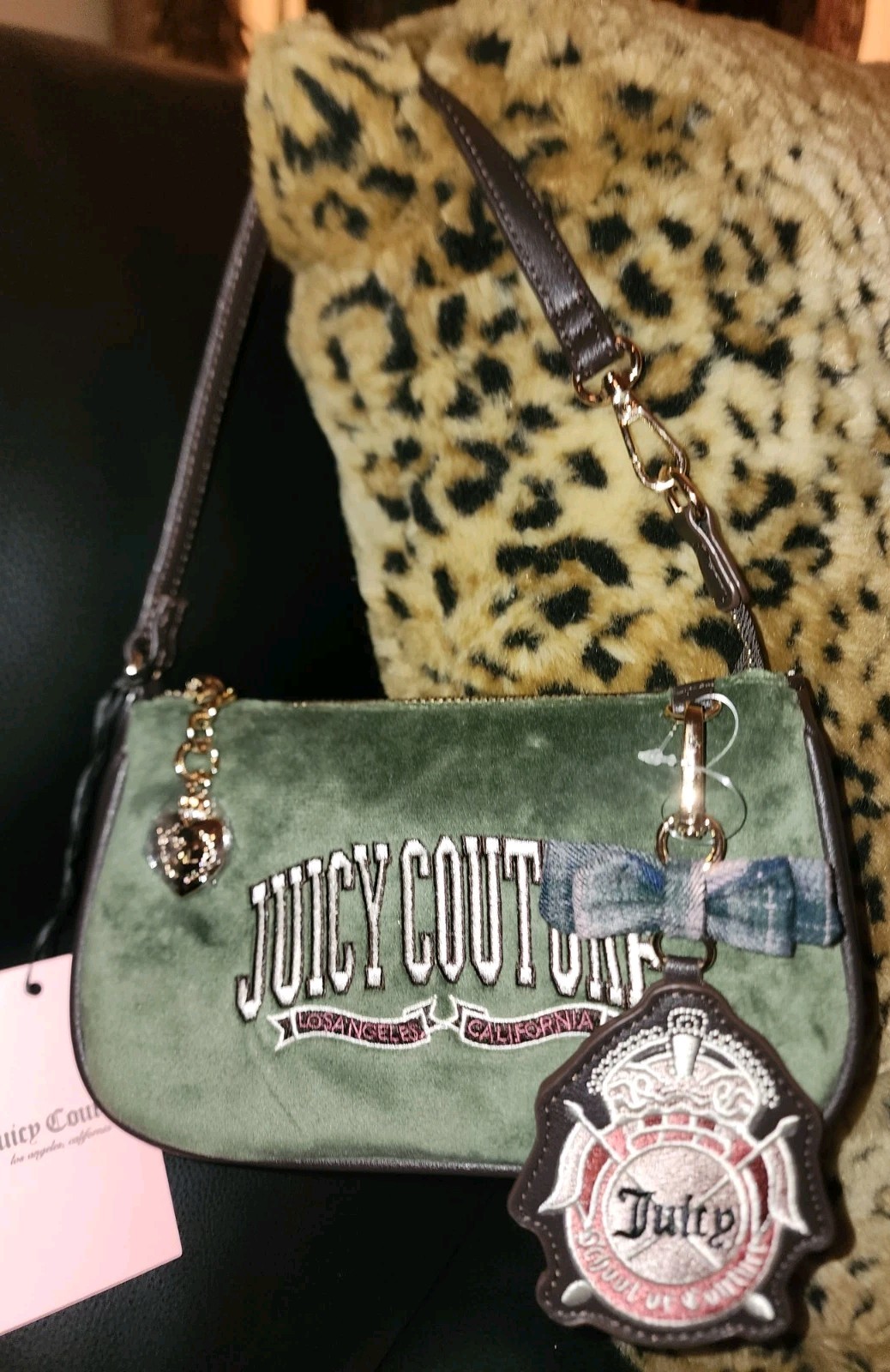 Juicy Couture Univer. Green Velvet Mini Satchel Wristlet Bow Key Charm $54 NWT!