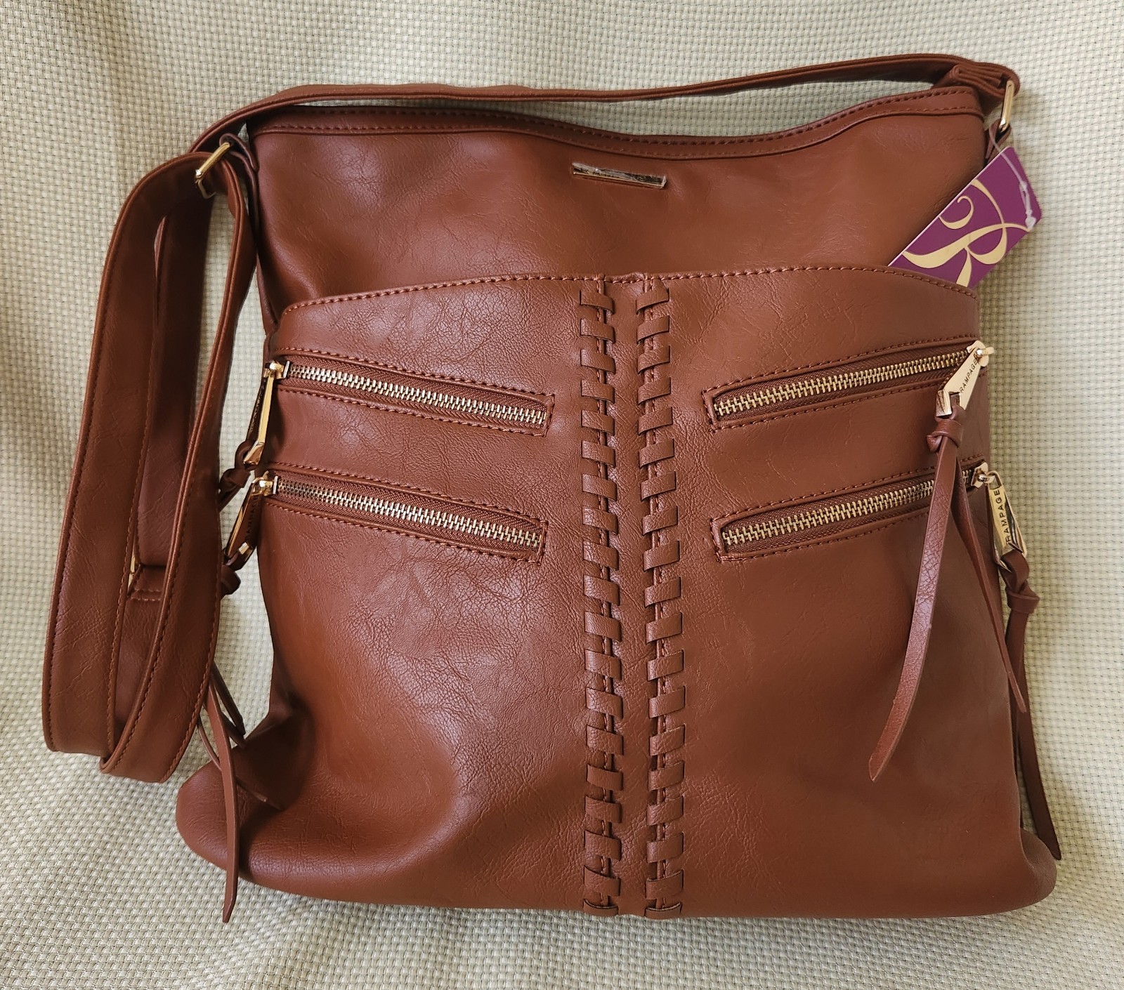 NWT Lrg Rampage Cognac Crossbody 14×14 Y2K Boho Multi Zip Whipstitch Snap Pocket