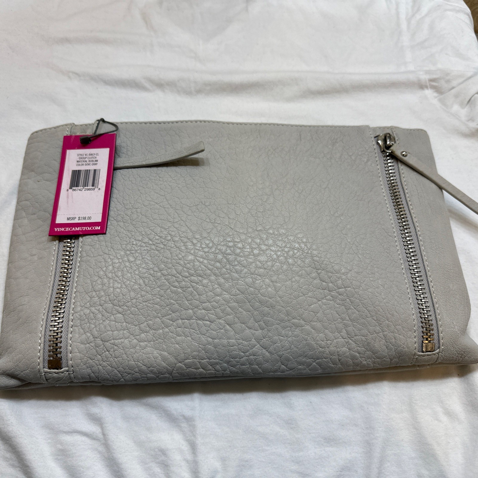 New VINCE CAMUTO BAILY DOVE GRAY BUBLAM GENUINE LEATHER CLUTCH MSRP $198