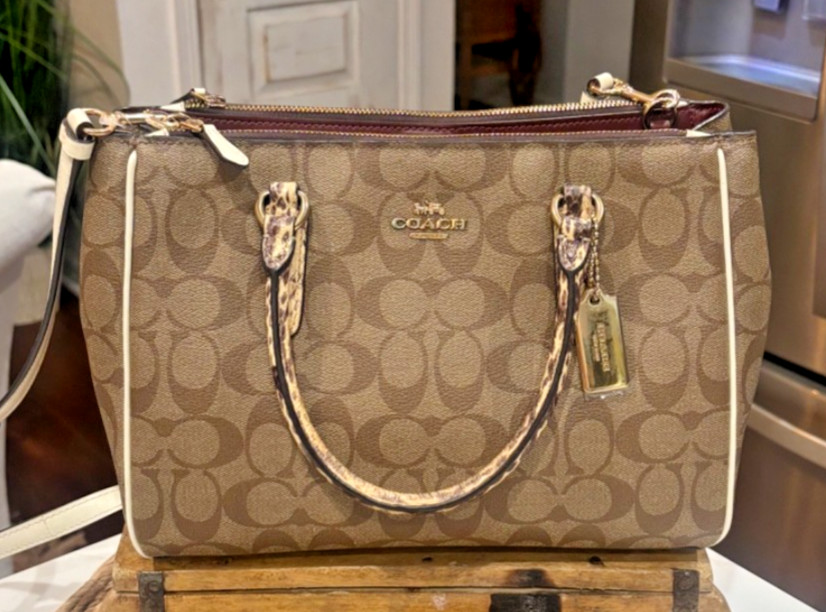 Coach Surrey Signature Canvas Carryall Satchel Handbag with Snake-Print Handles