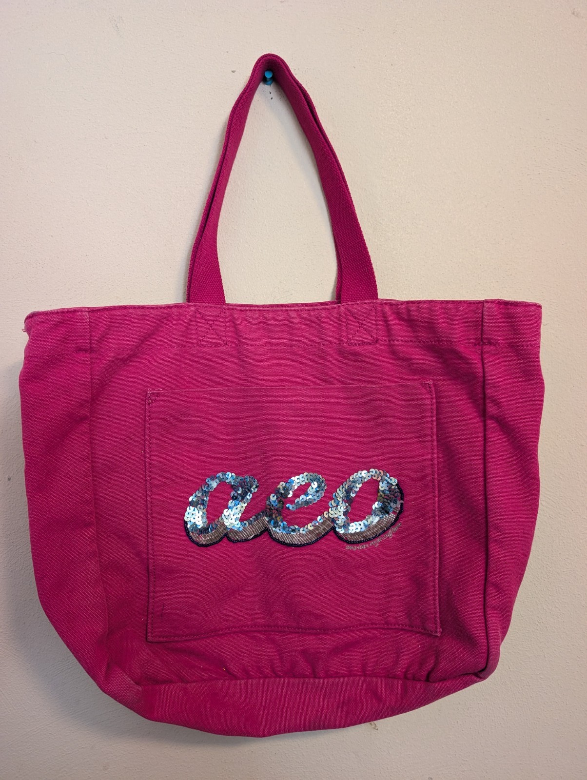 American Eagle Outfitters Hot Pink Tote Sequins & Beads AEO Logo Cotton Canvas