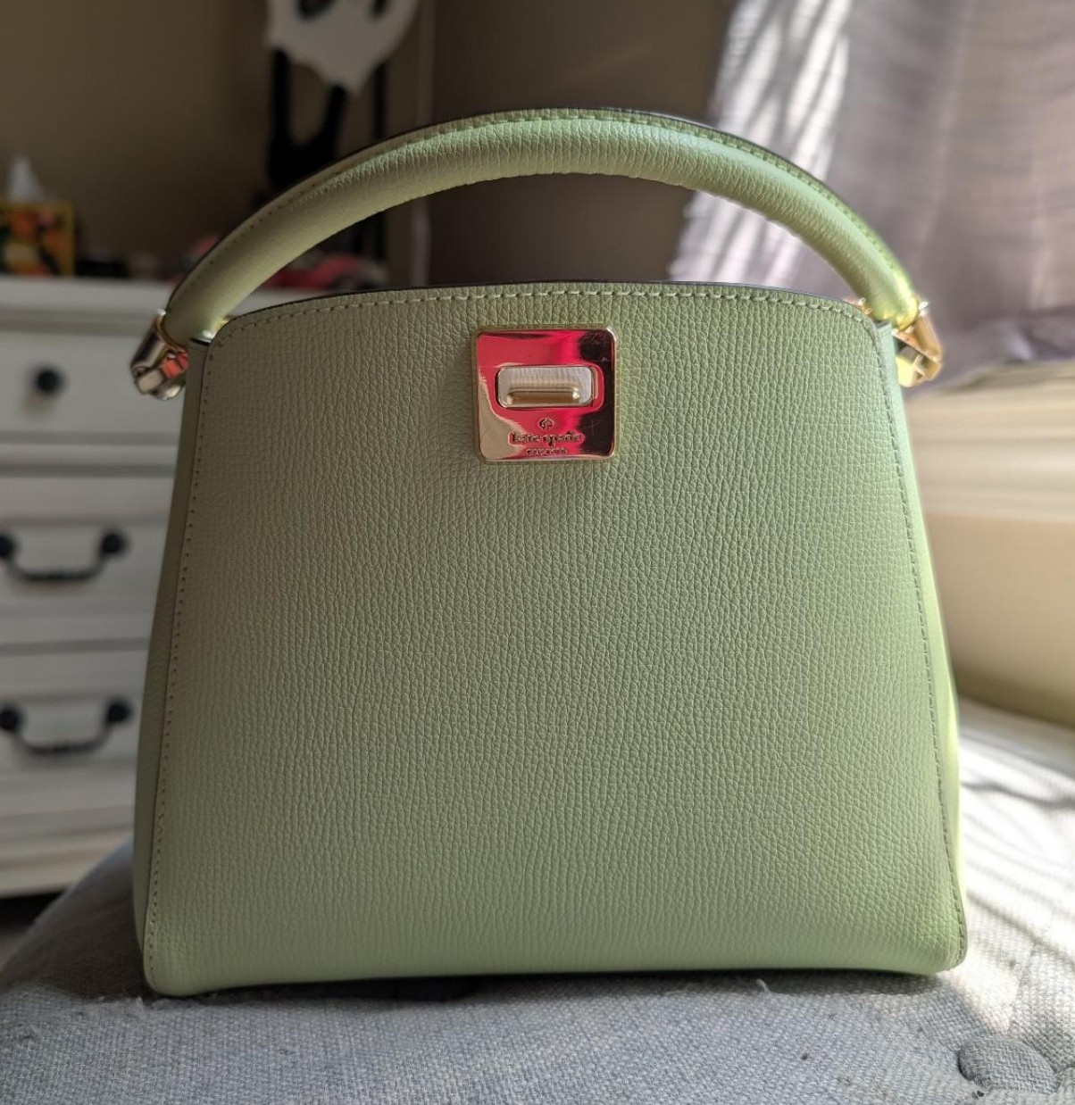 kate spade new york Green Pebbled Satchel Top Handle Turn Lock Gold Hardware