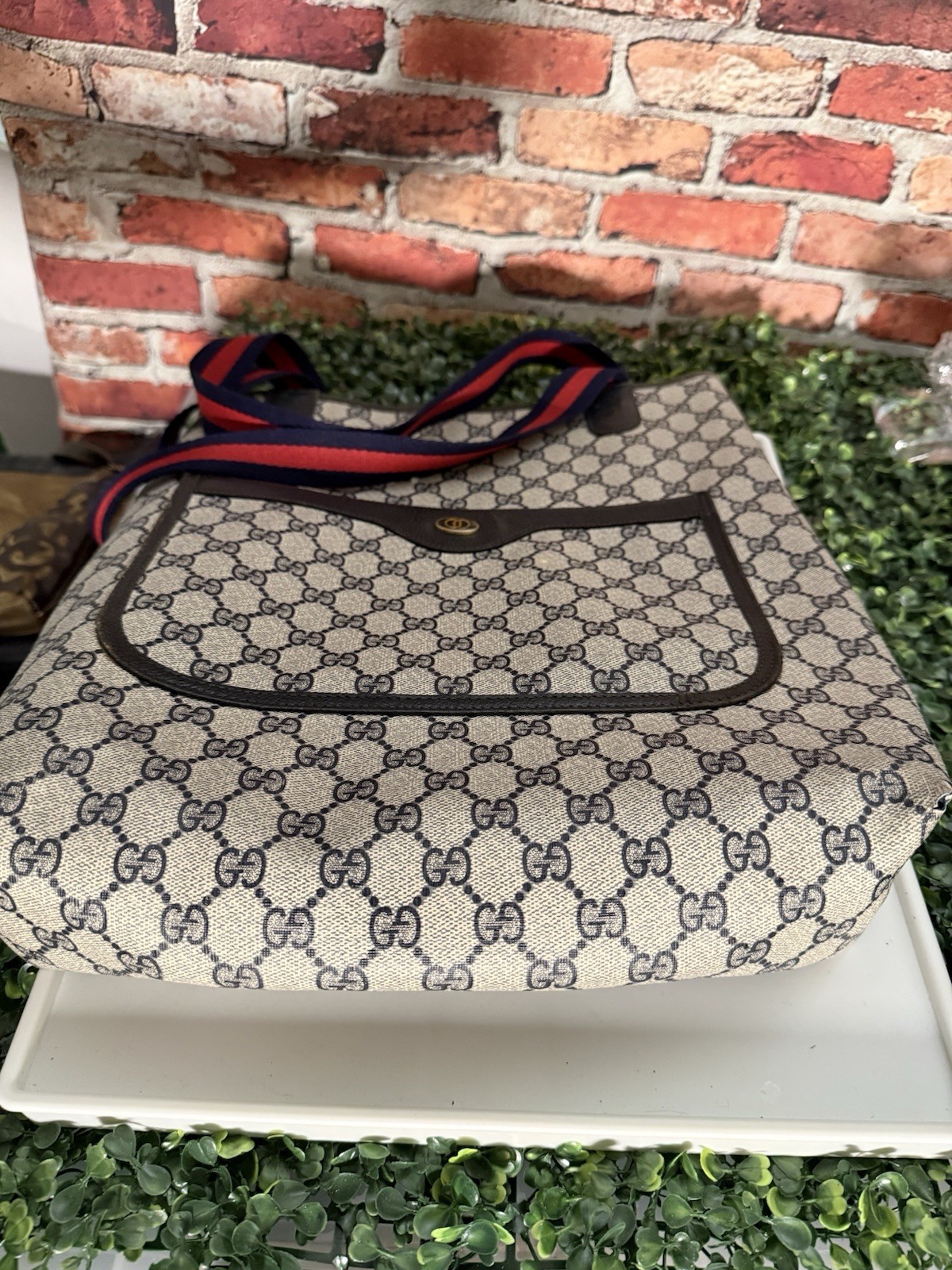 Gucci GG Supreme Canvas Web Stripe Large Tote Shoulder Bag Vintage Logo